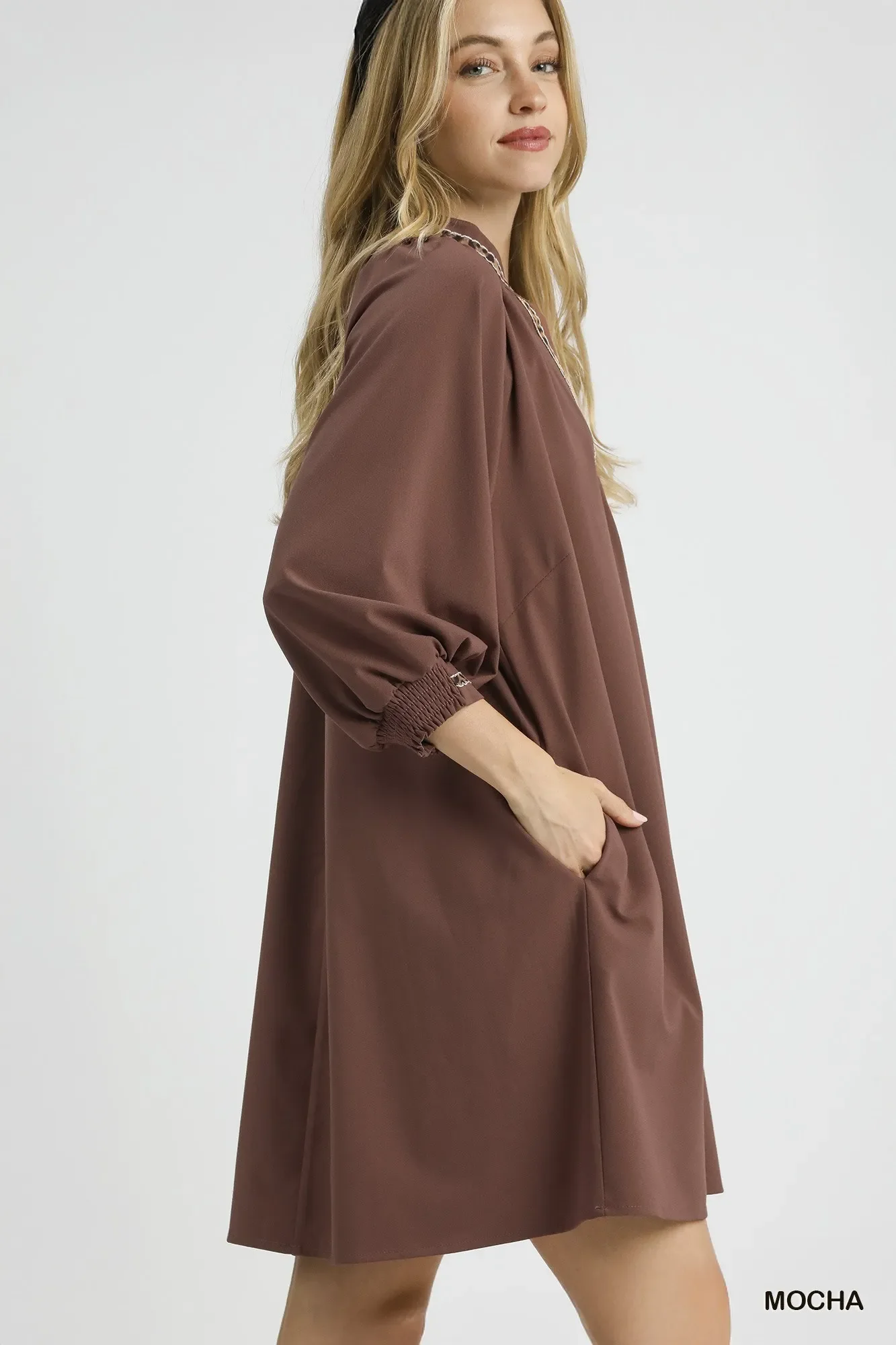 Umgee Notched Shift Dress with Trim Detail - Image 3