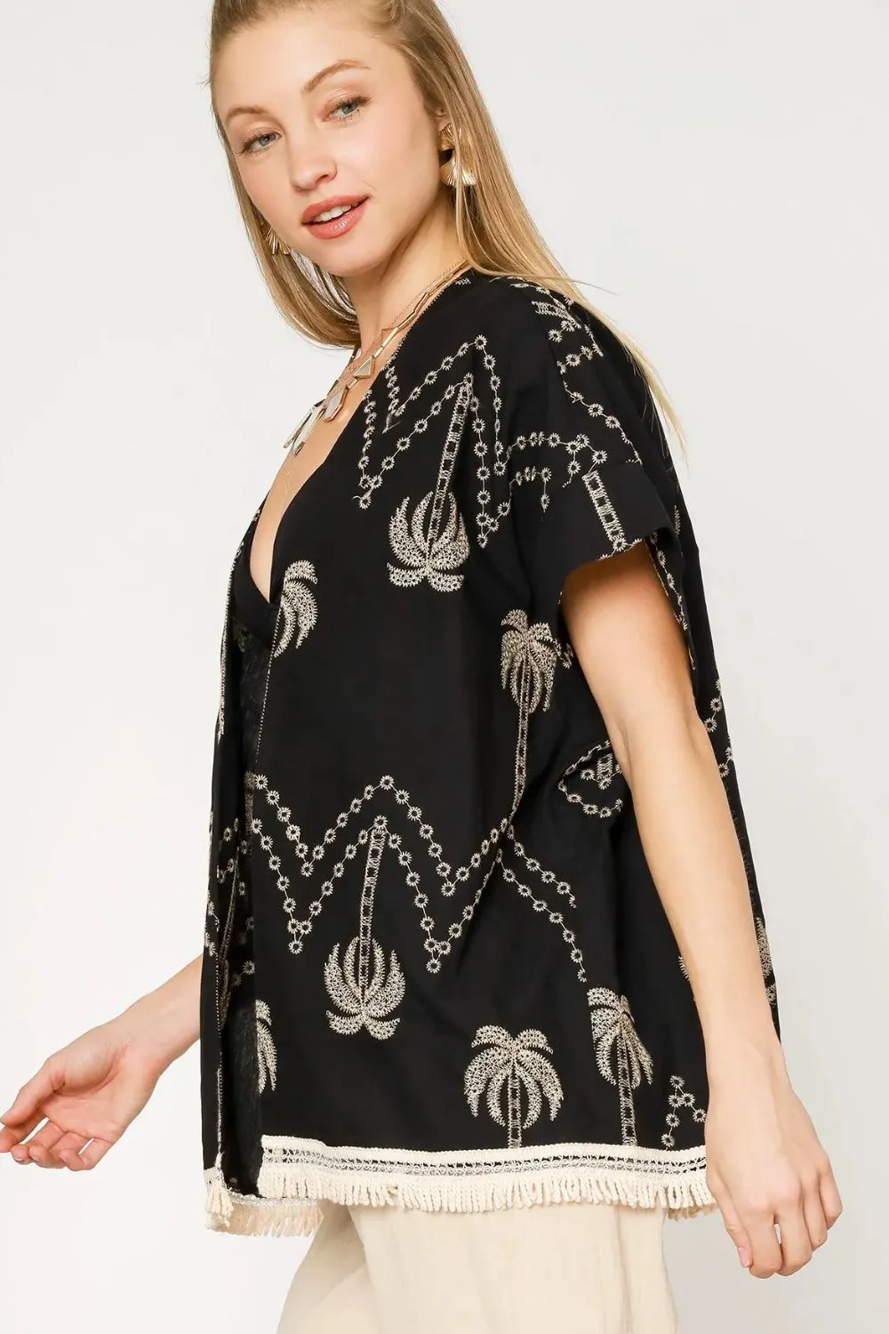 Umgee Open Front Embroidered Fringe Kimono - Image 2