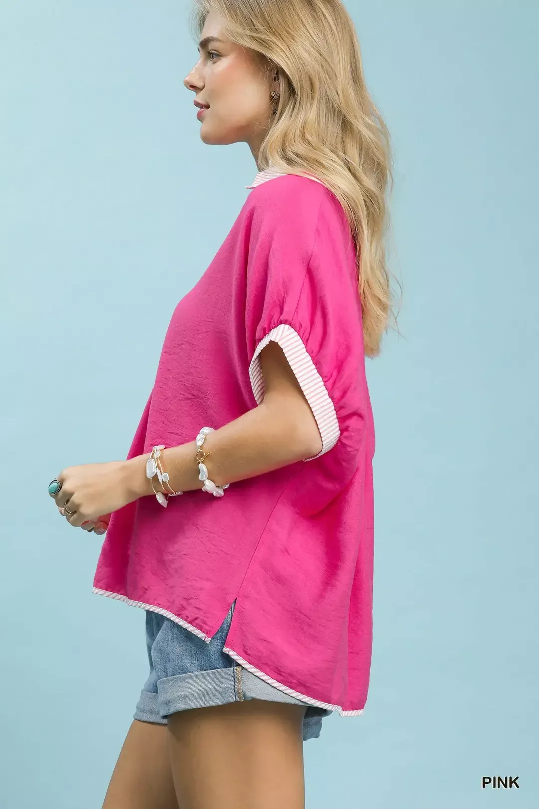 Umgee Oversized Contrast Stripe Trim Top - Image 2