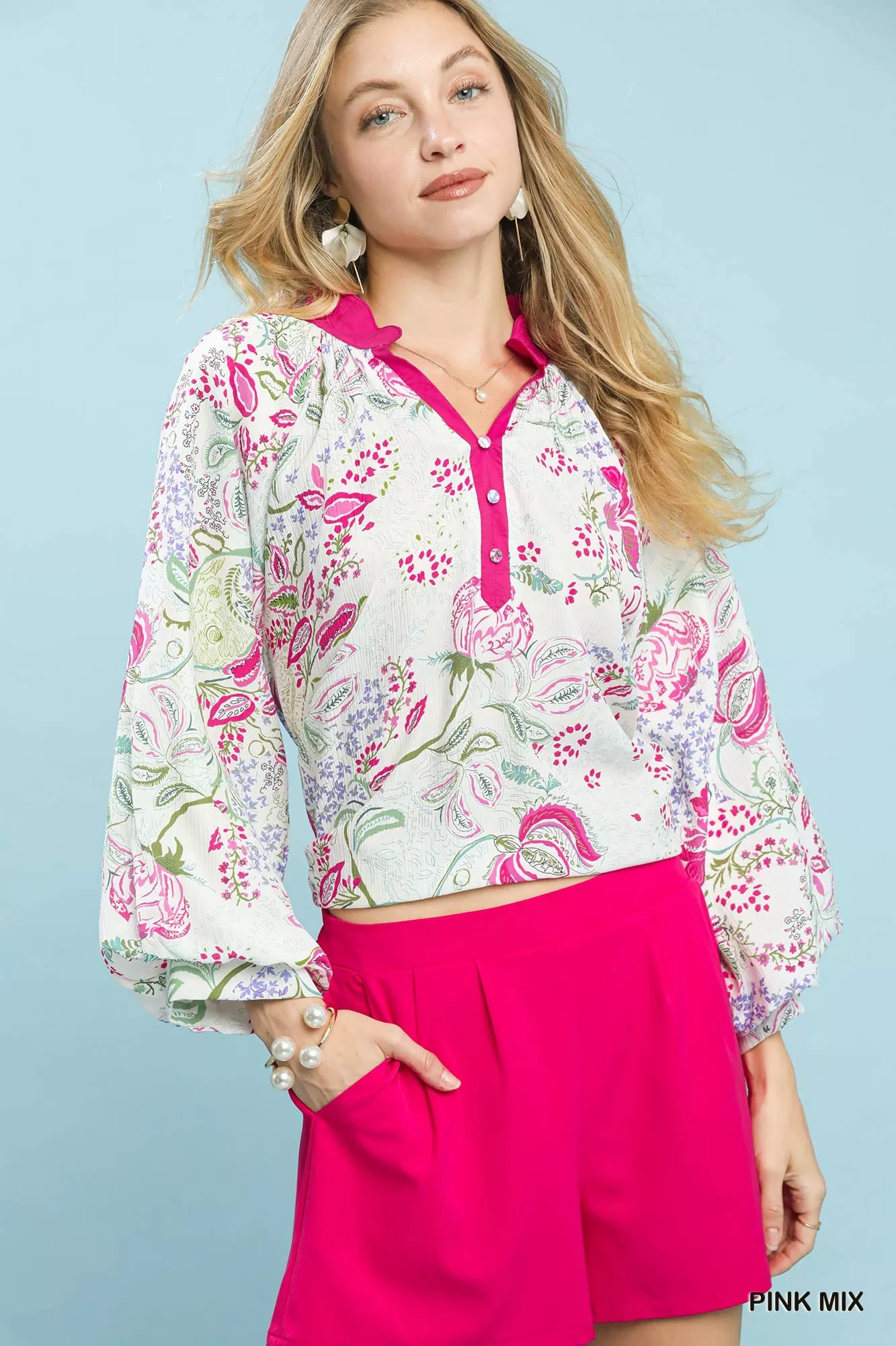 Umgee Paisley Floral Contrast Trim Blouse - Image 2