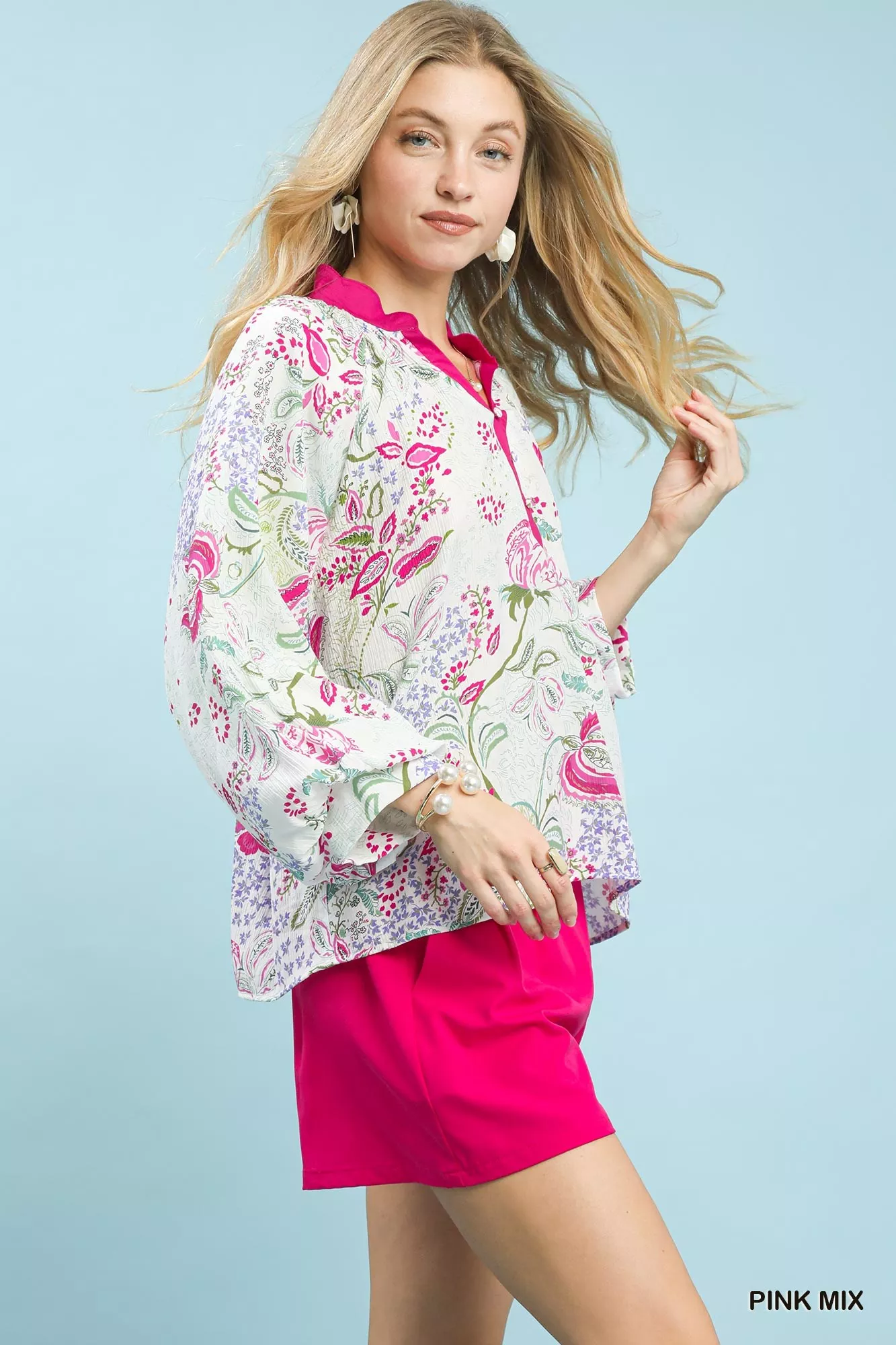 Umgee Paisley Floral Contrast Trim Blouse - Image 3