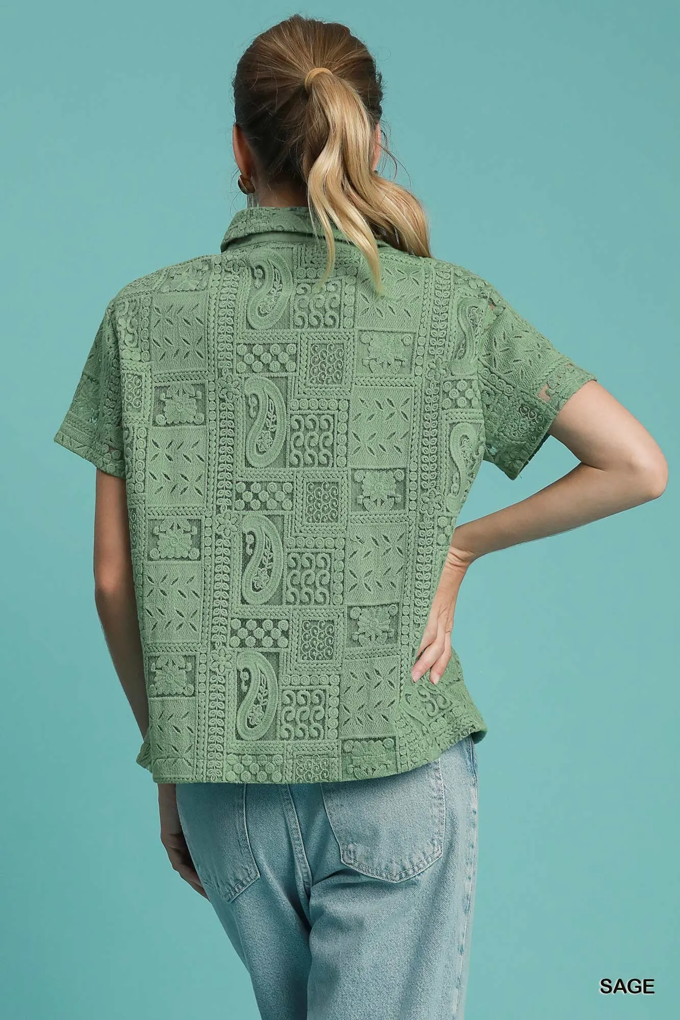 Umgee Patch Lace Short Sleeve Button Down Shirt - Image 2