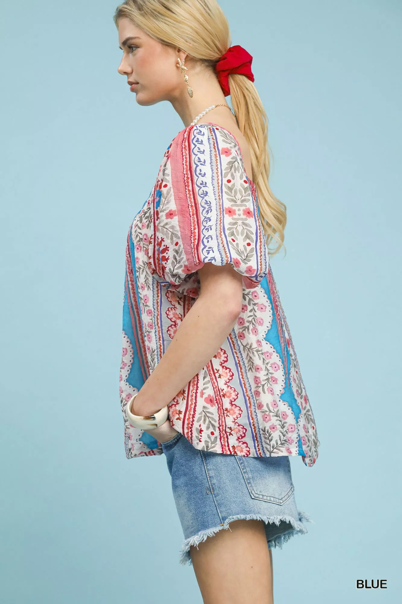Umgee Patchwork Puff Sleeve Smocked Blouse - Image 3