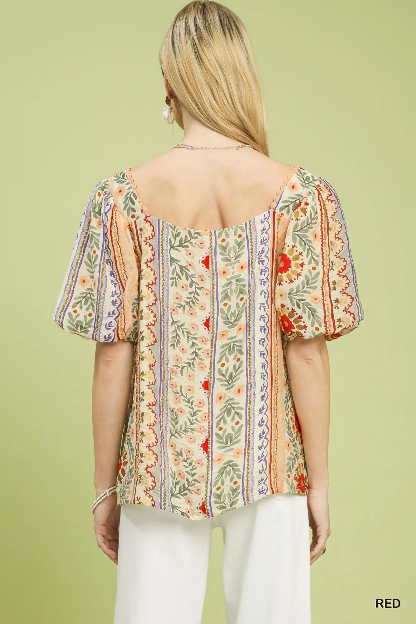 Umgee Patchwork Puff Sleeve Smocked Blouse - Image 3