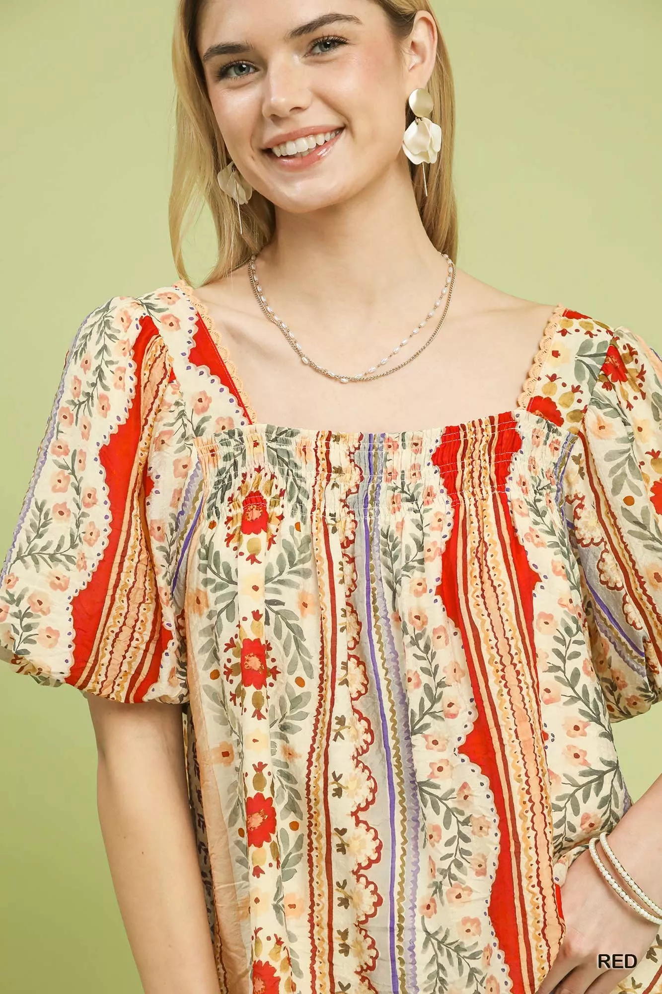 Umgee Patchwork Puff Sleeve Smocked Blouse - Image 4