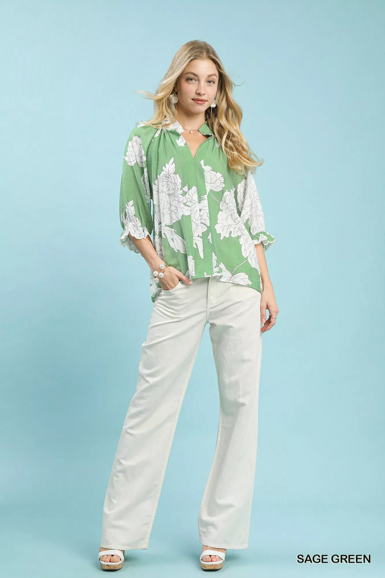 Umgee Peony Illustration Print Flounce Sleeve Blouse - Image 3