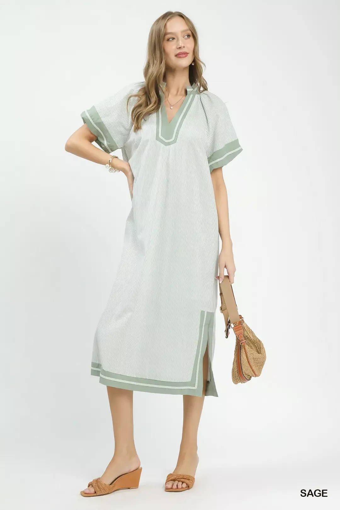 Umgee Pinstripe Contrast Trim Midi Dress - Image 5