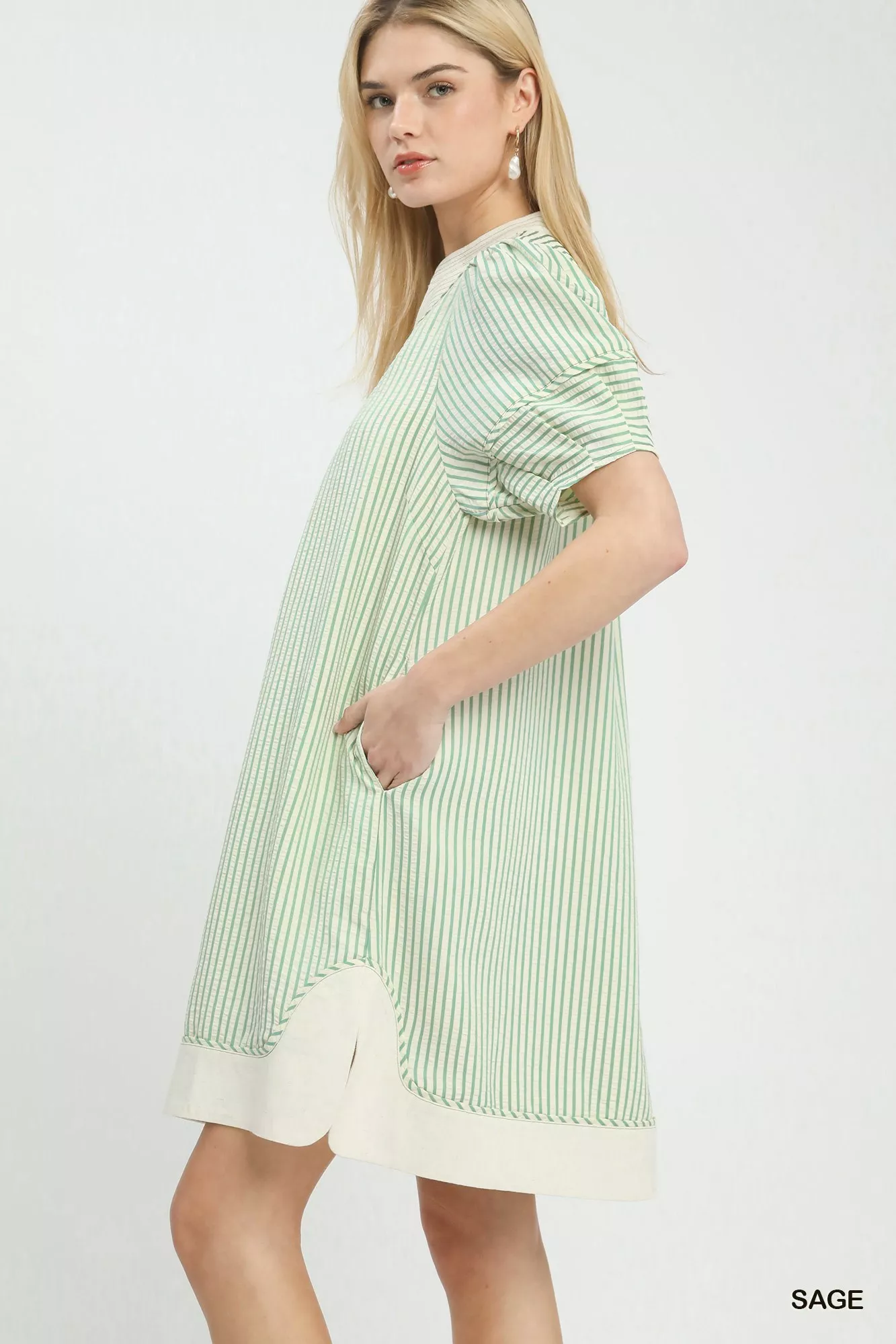 Umgee Pinstripe Shift Dress with Contrast Trim - Image 2