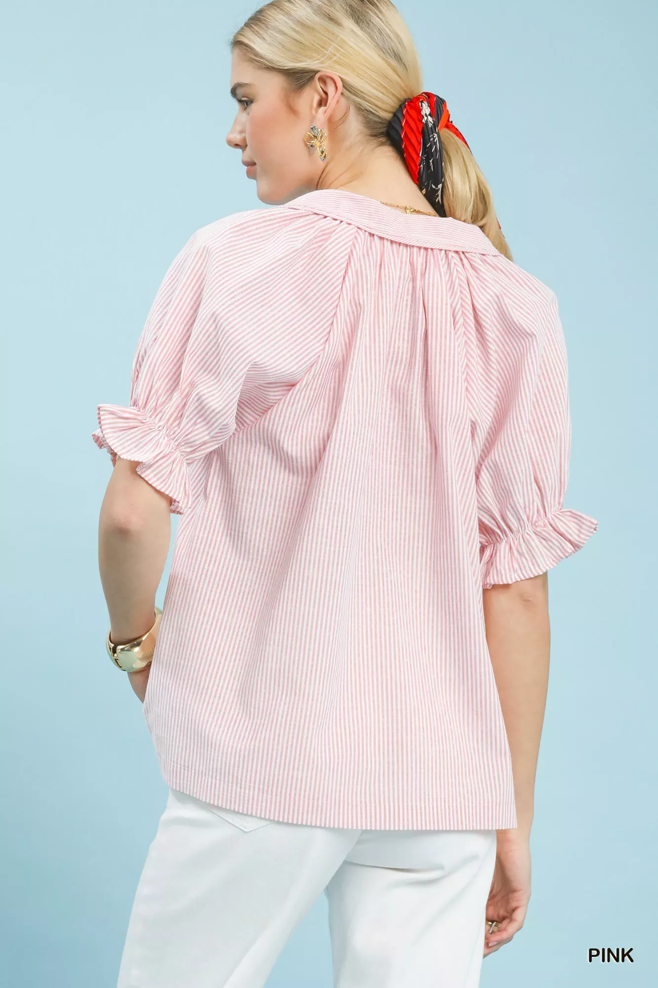 Umgee Pinstripe V-Neck Ruffle Sleeve Blouse - Image 3