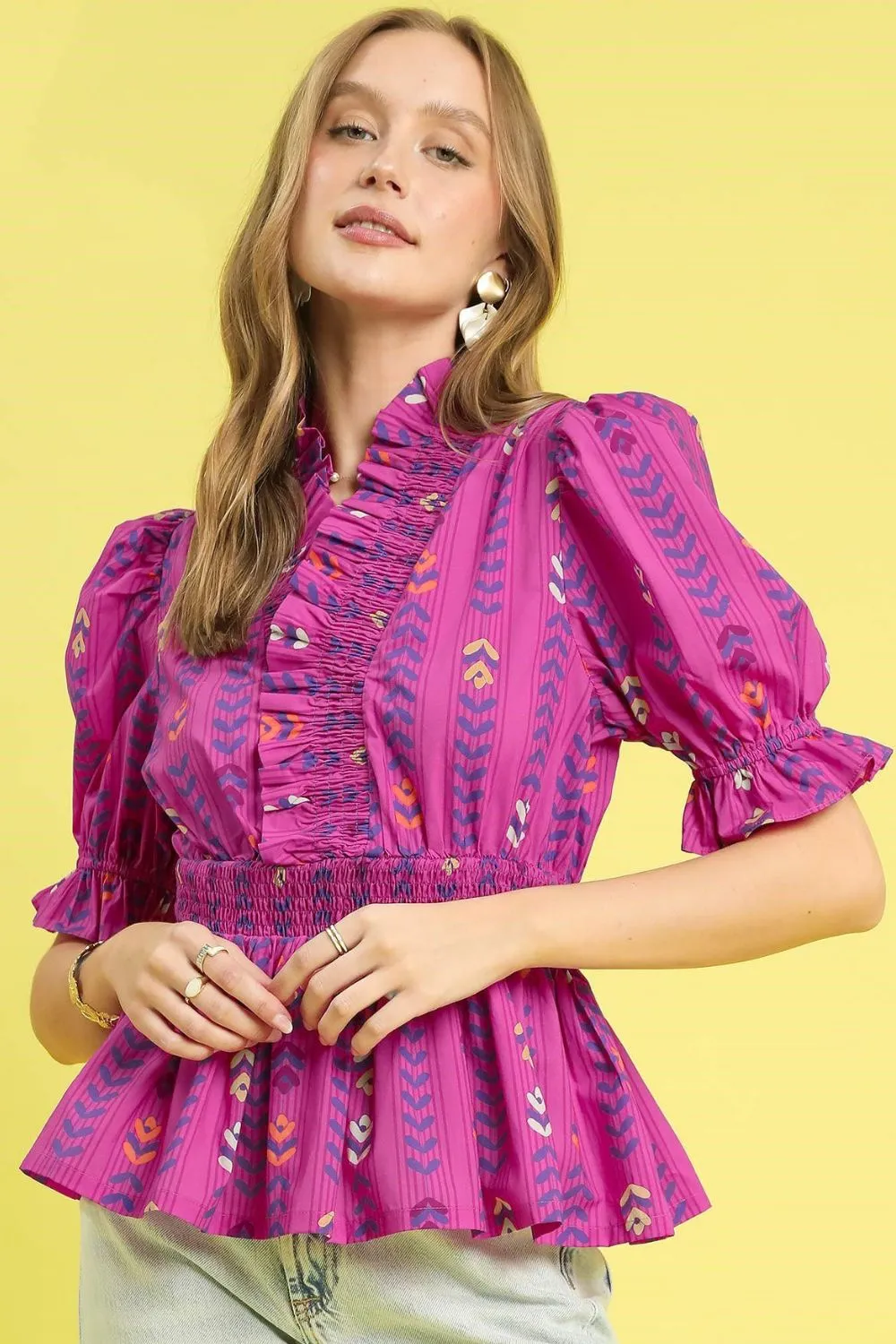 Umgee Printed Half Sleeve Peplum Blouse - Image 2