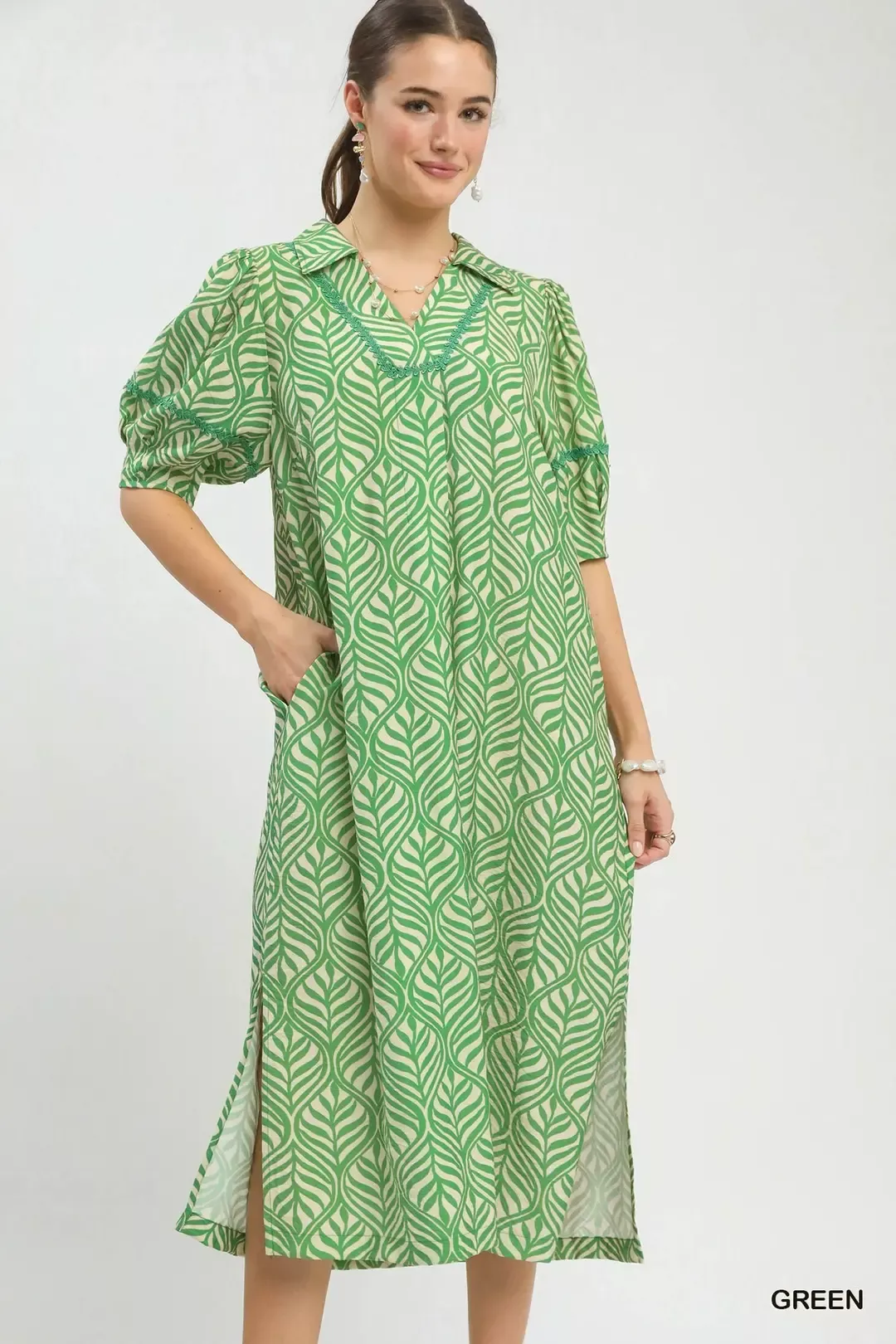 Umgee Printed Puff Sleeve Midi Dress with Pockets - Image 5