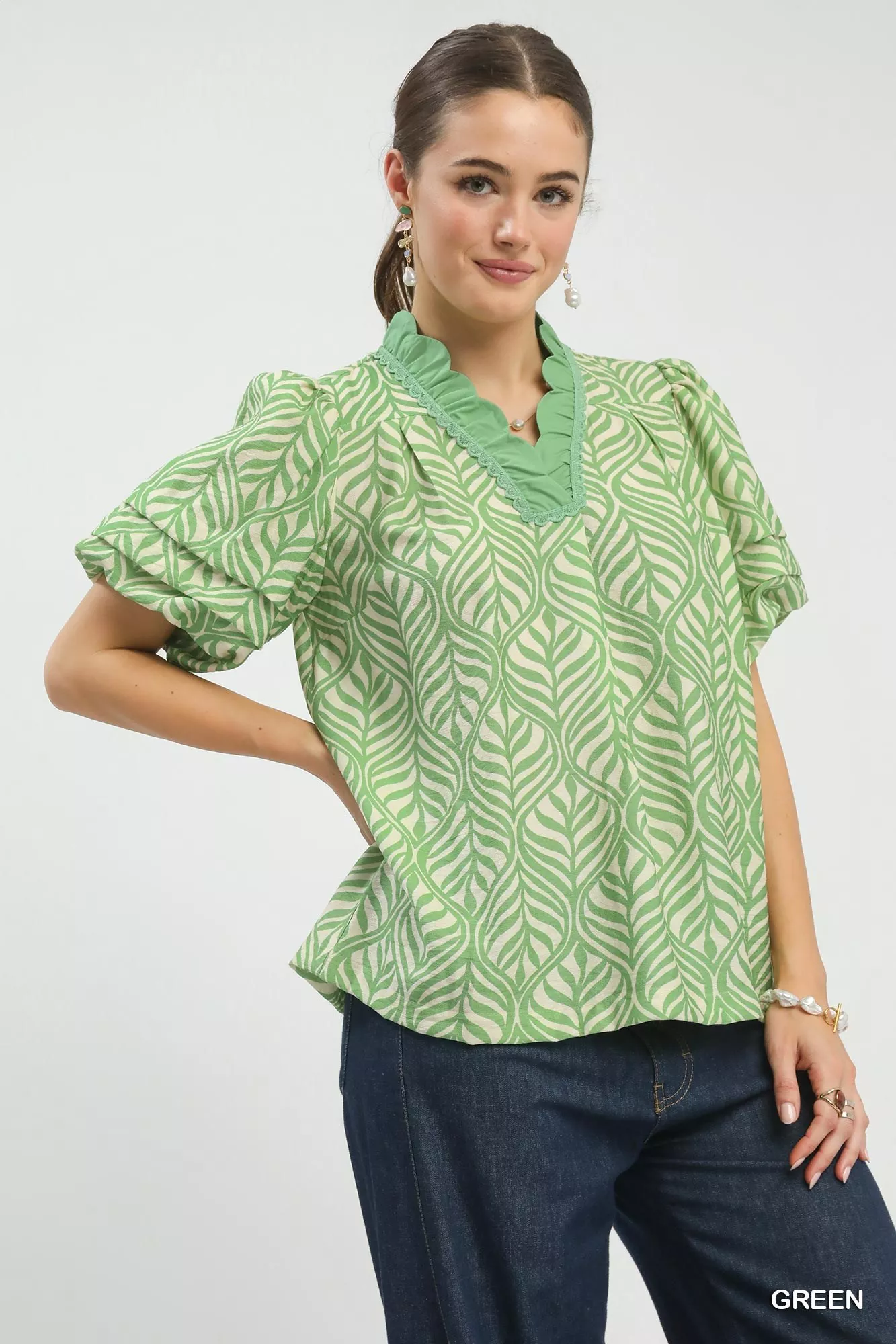 Umgee Printed Puff Sleeve Ruffle Neck Top - Image 2