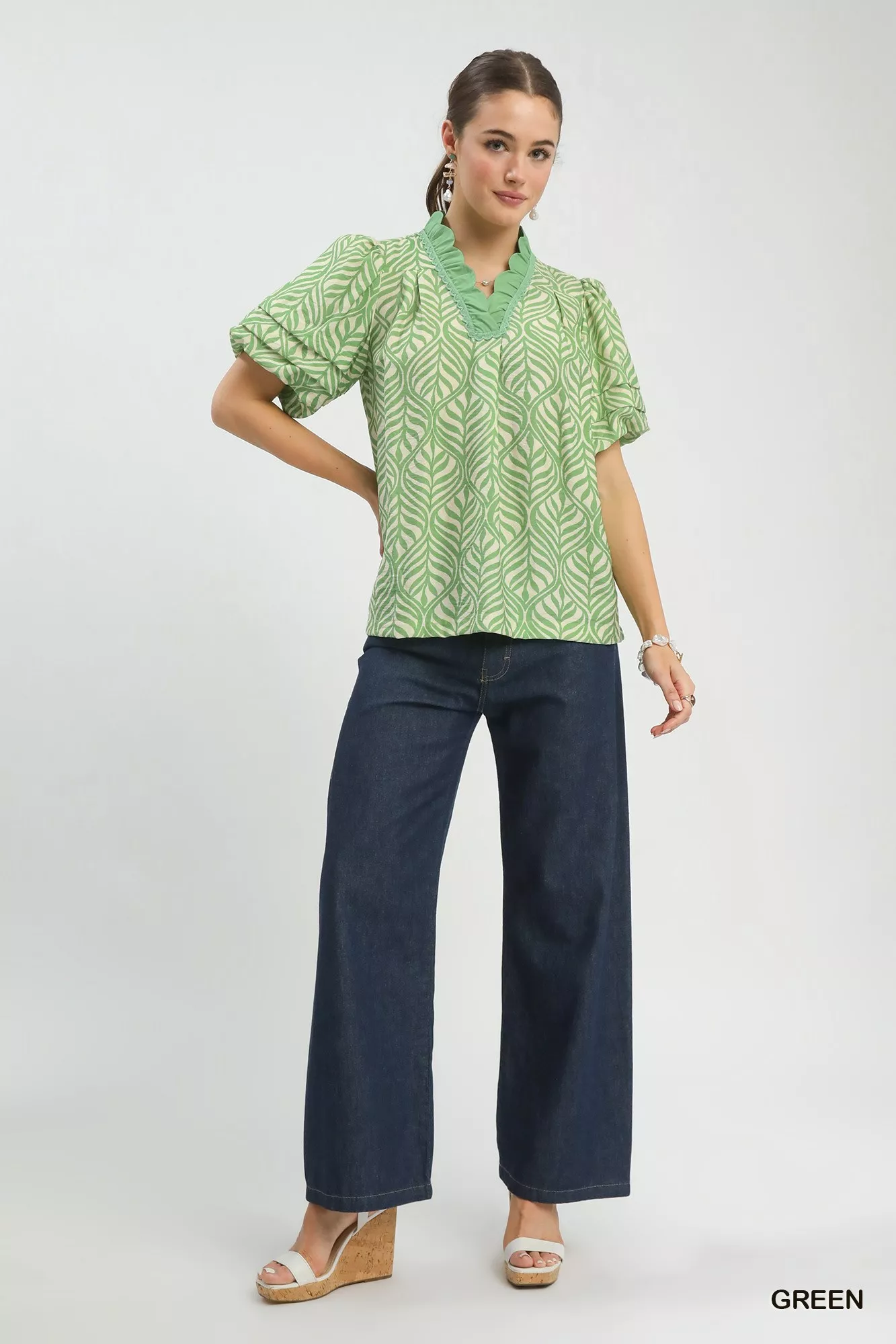 Umgee Printed Puff Sleeve Ruffle Neck Top - Image 6