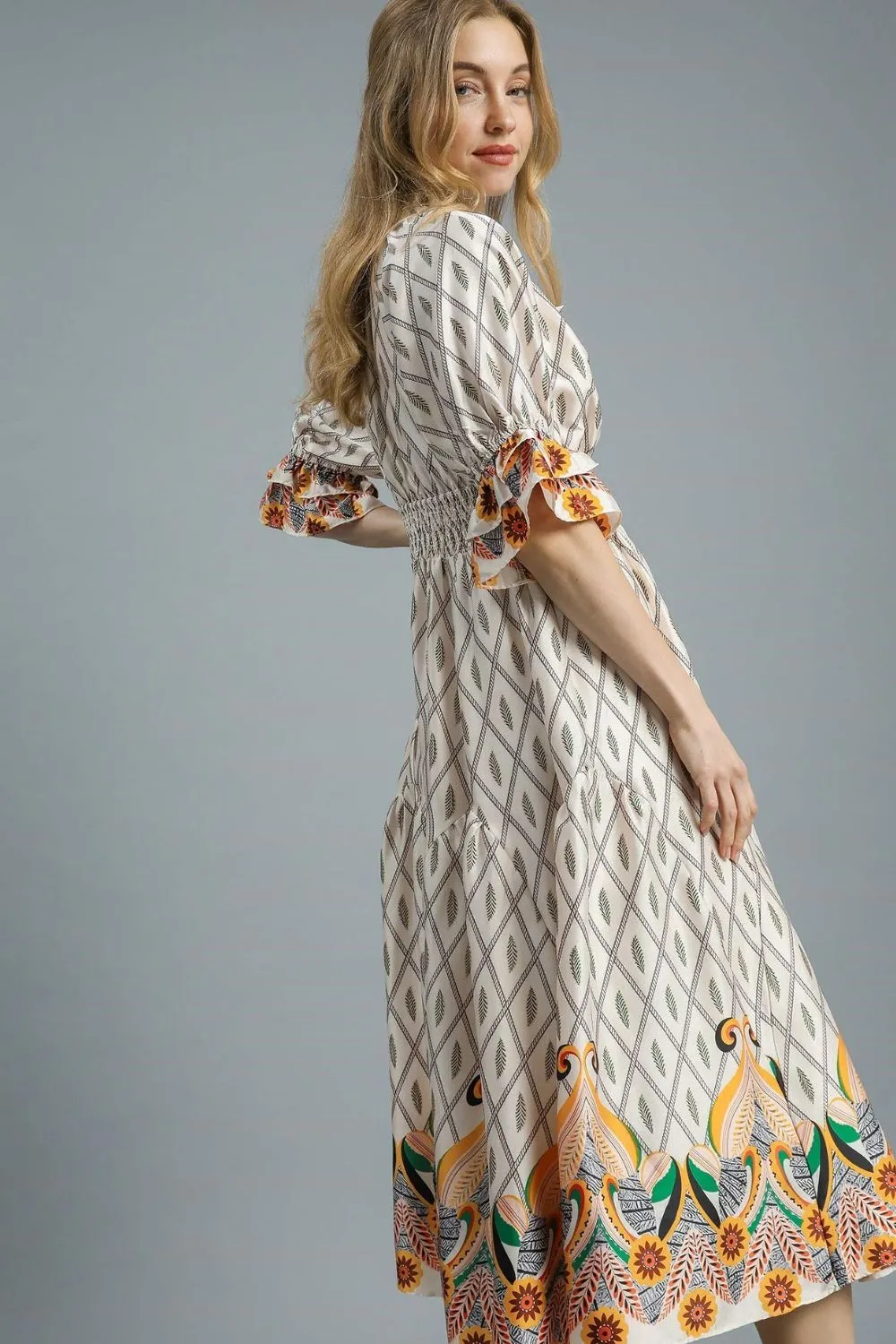 Umgee Printed Smocked Waist Flounce Sleeve Midi Dress - Image 3