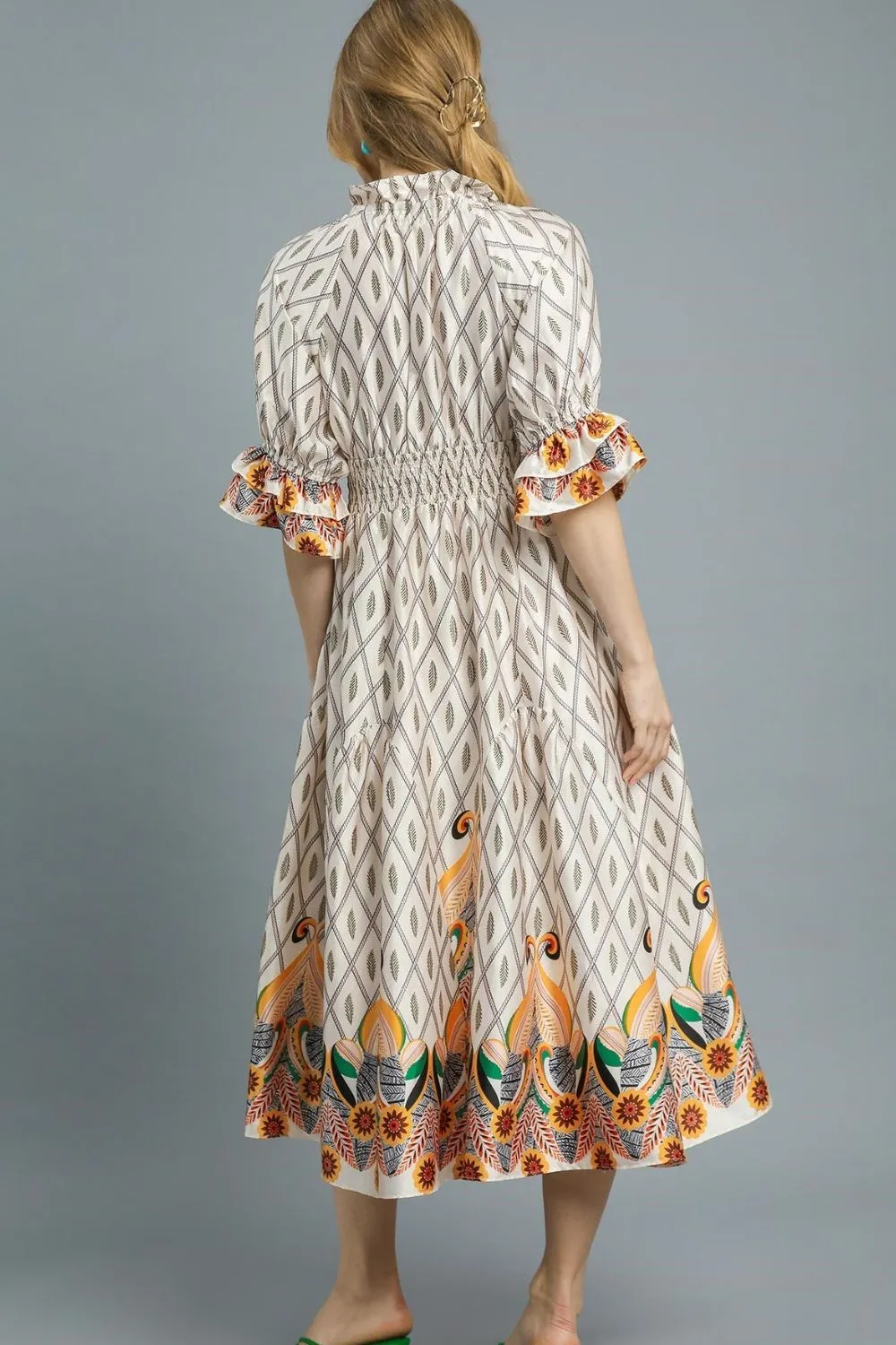 Umgee Printed Smocked Waist Flounce Sleeve Midi Dress - Image 4