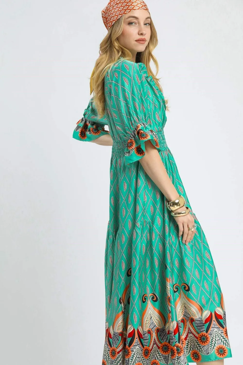 Umgee Printed Smocked Waist Flounce Sleeve Midi Dress - Image 2