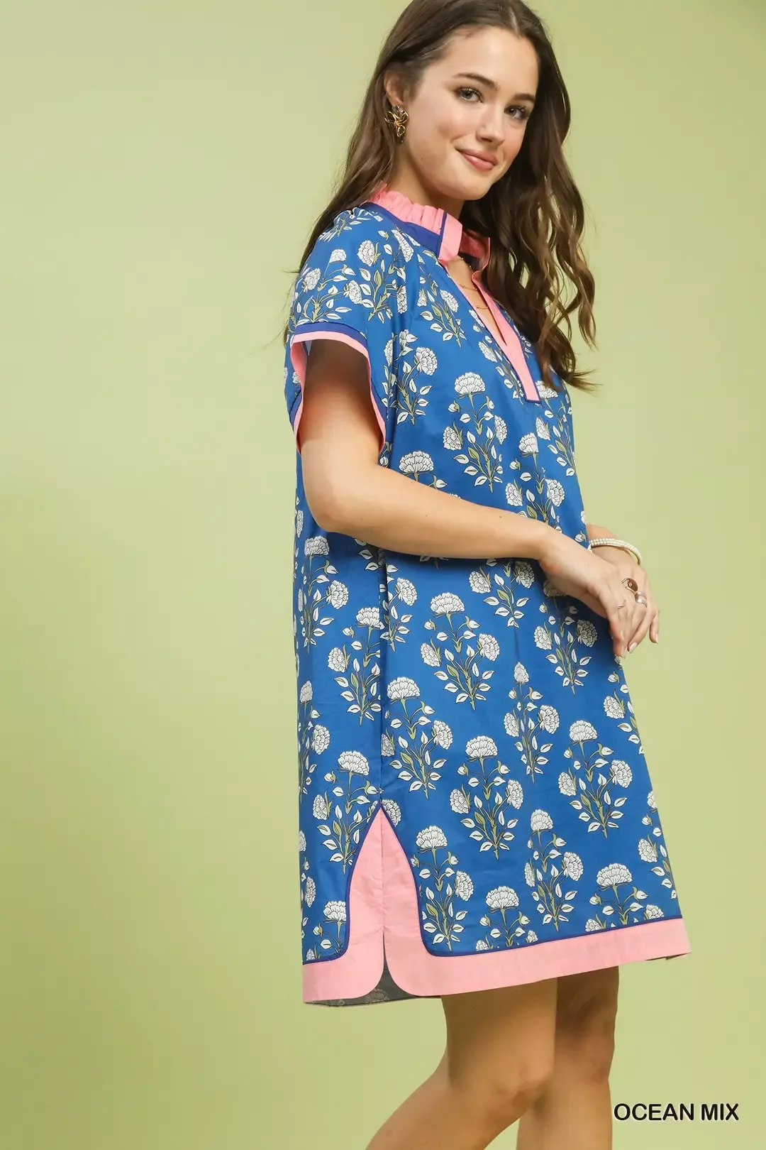 Umgee Printed Split Neck Short Sleeve Shift Dress - Image 2