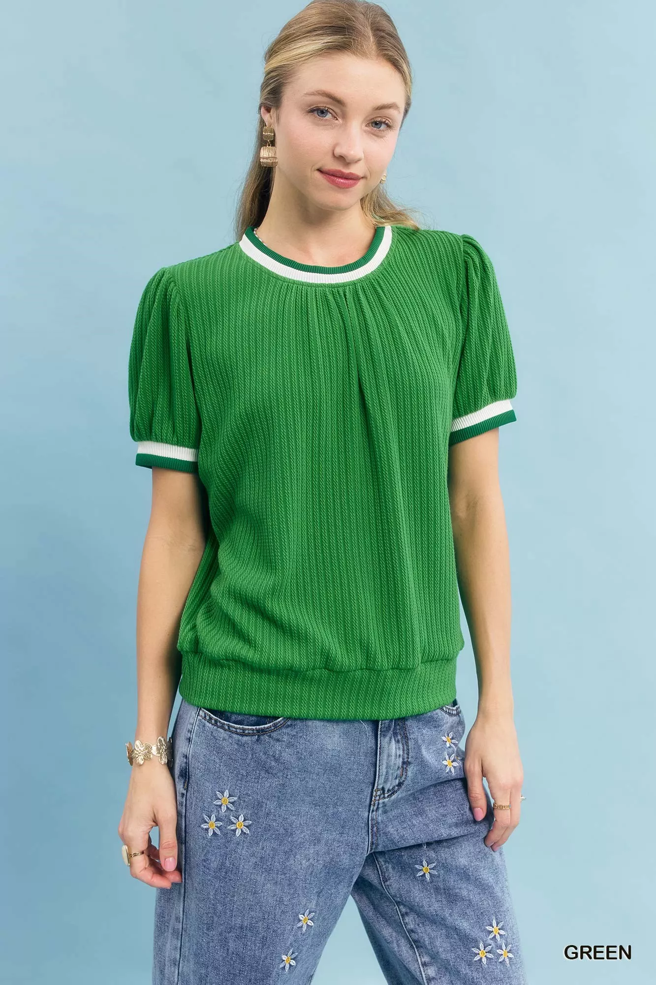 Umgee Puff Sleeve Knit Top with Contrast Rib Trim