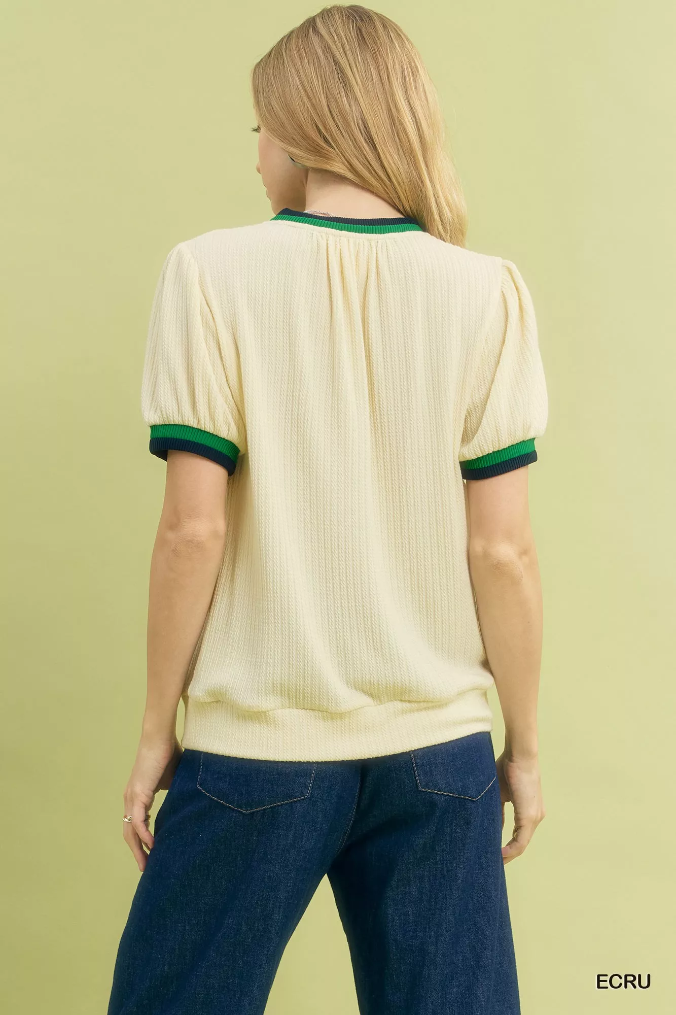 Umgee Puff Sleeve Knit Top with Contrast Rib Trim - Image 3