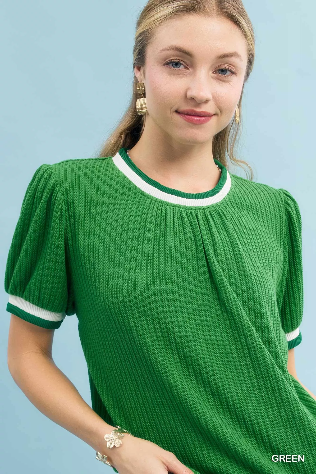 Umgee Puff Sleeve Knit Top with Contrast Rib Trim - Image 6