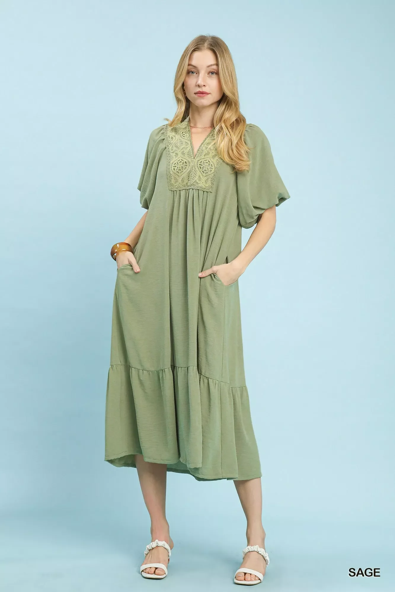 Umgee Puff Sleeve Midi Dress with Lace Detail - Image 2
