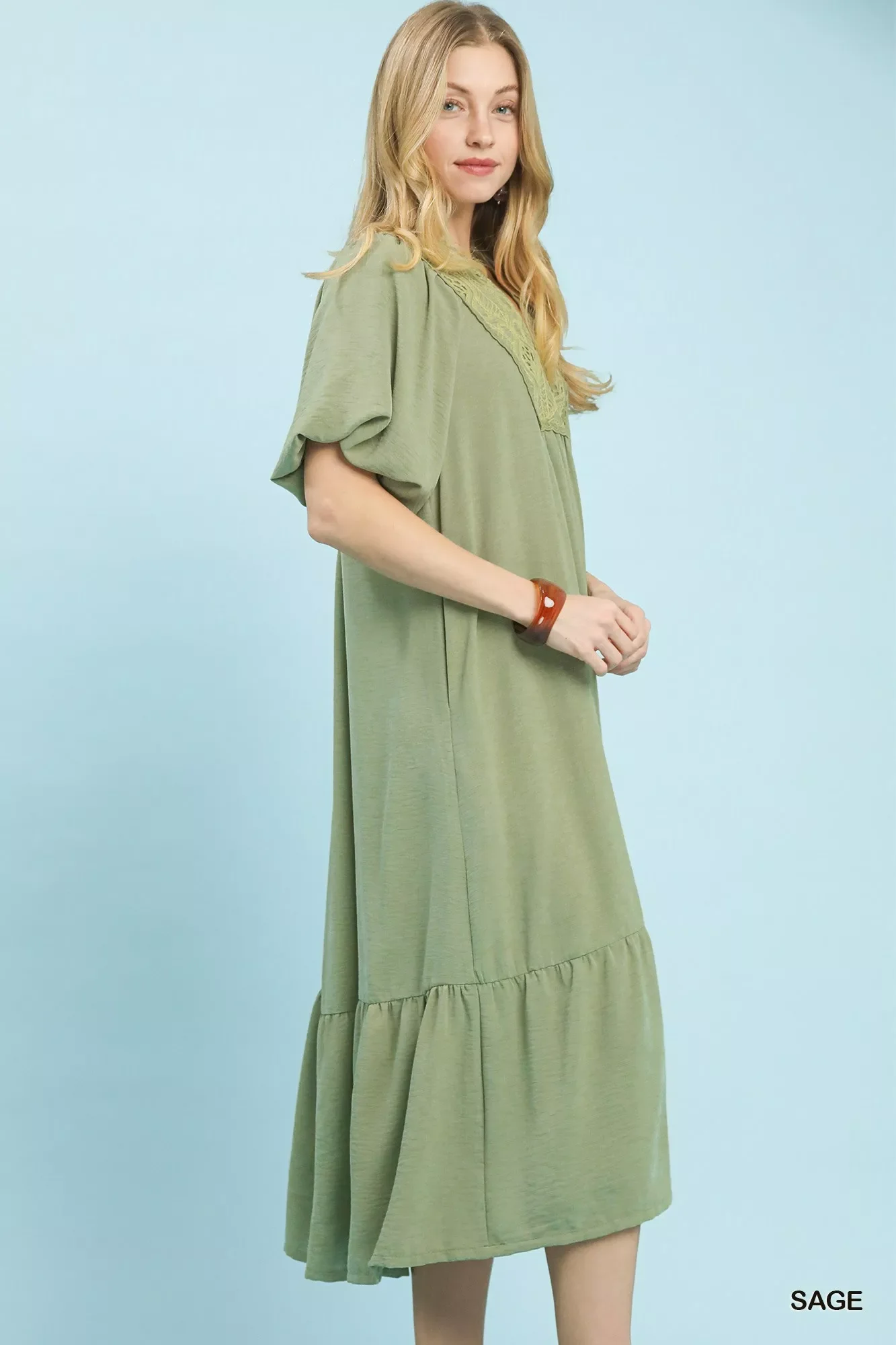 Umgee Puff Sleeve Midi Dress with Lace Detail - Image 3