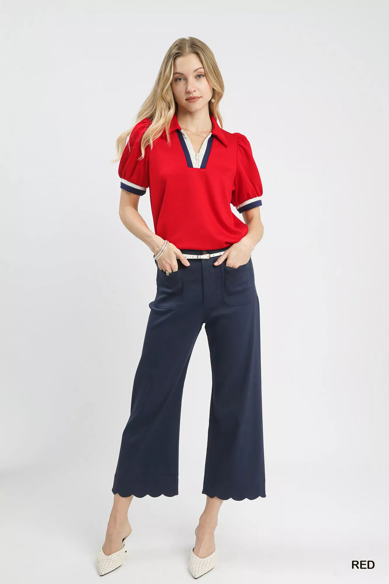 Umgee Puff Sleeve Zip Front Top with Contrast Striped Trim - Image 5