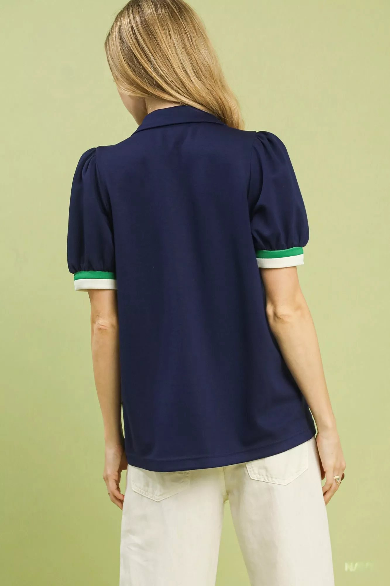 Umgee Puff Sleeve Zip Front Top with Contrast Striped Trim - Image 3