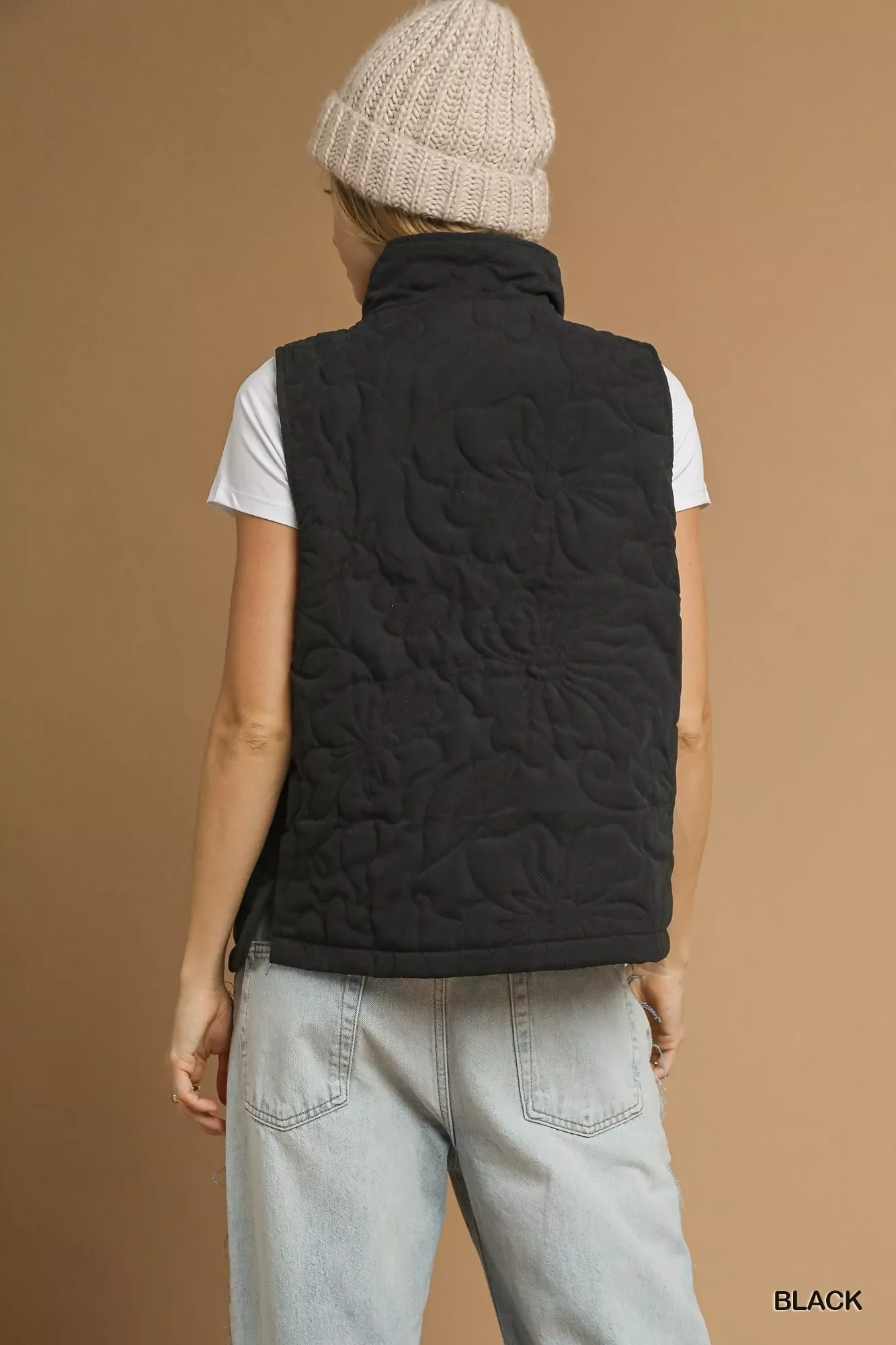 Umgee Quilted Floral Zip Up Vest with Pockets - Image 3