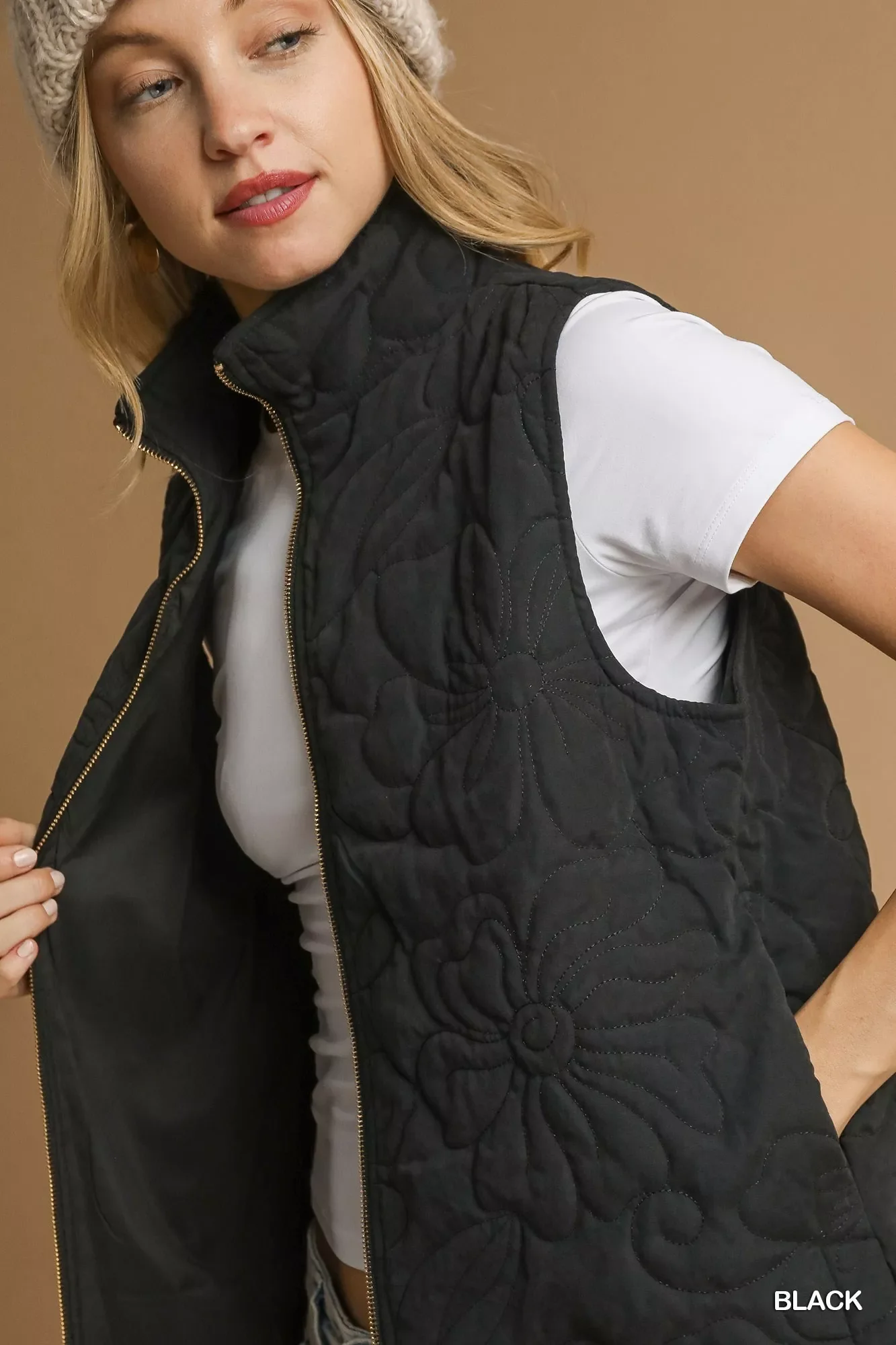 Umgee Quilted Floral Zip Up Vest with Pockets - Image 5
