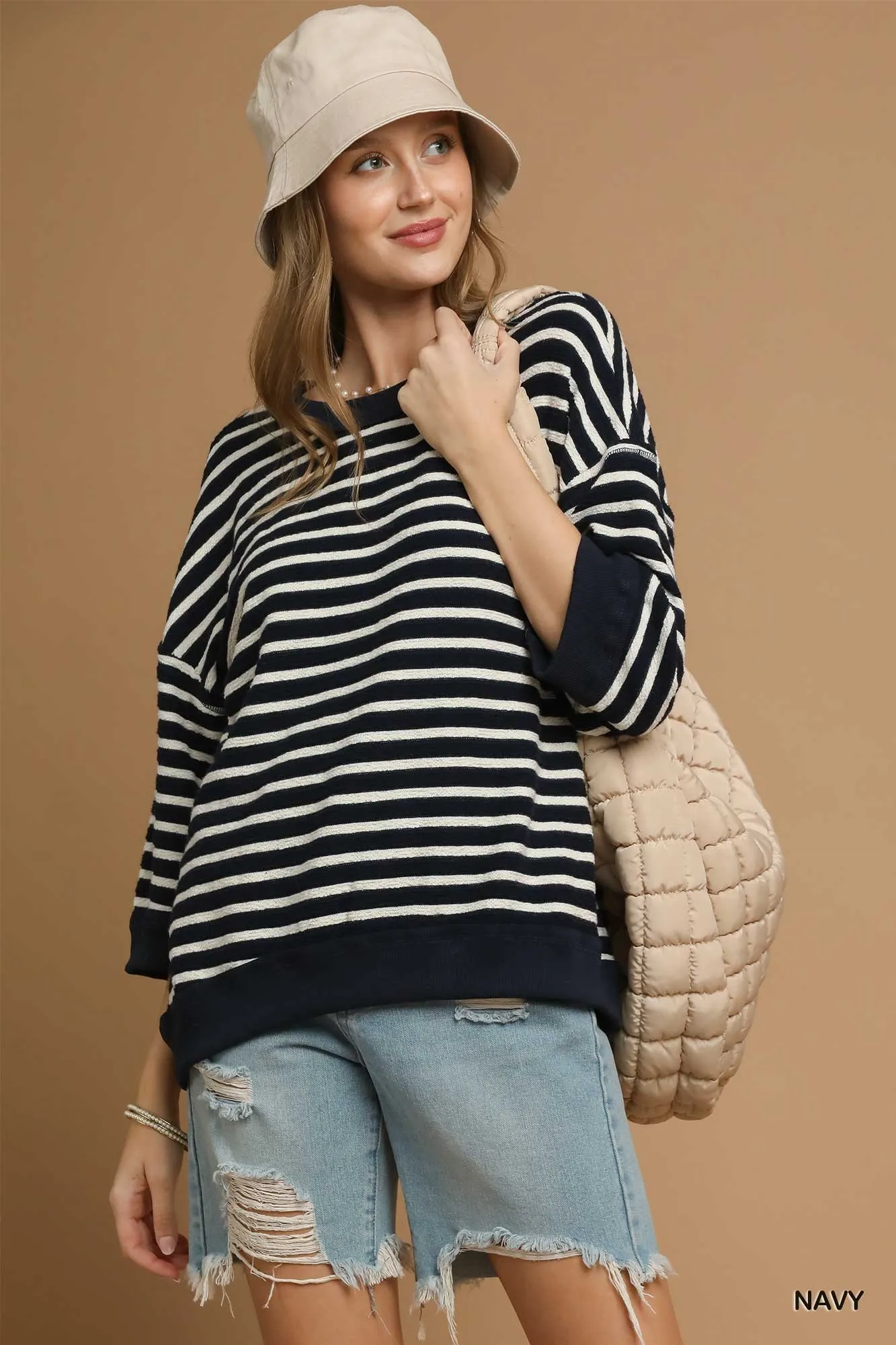 Umgee Ribbed Hem Striped Oversized Knit Top - Image 2