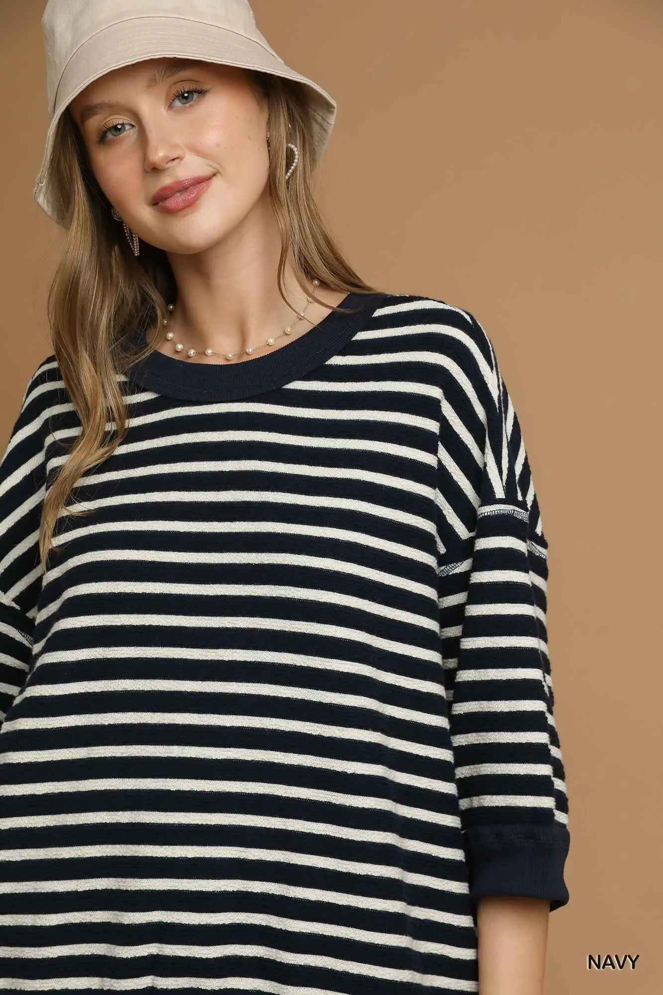 Umgee Ribbed Hem Striped Oversized Knit Top - Image 3