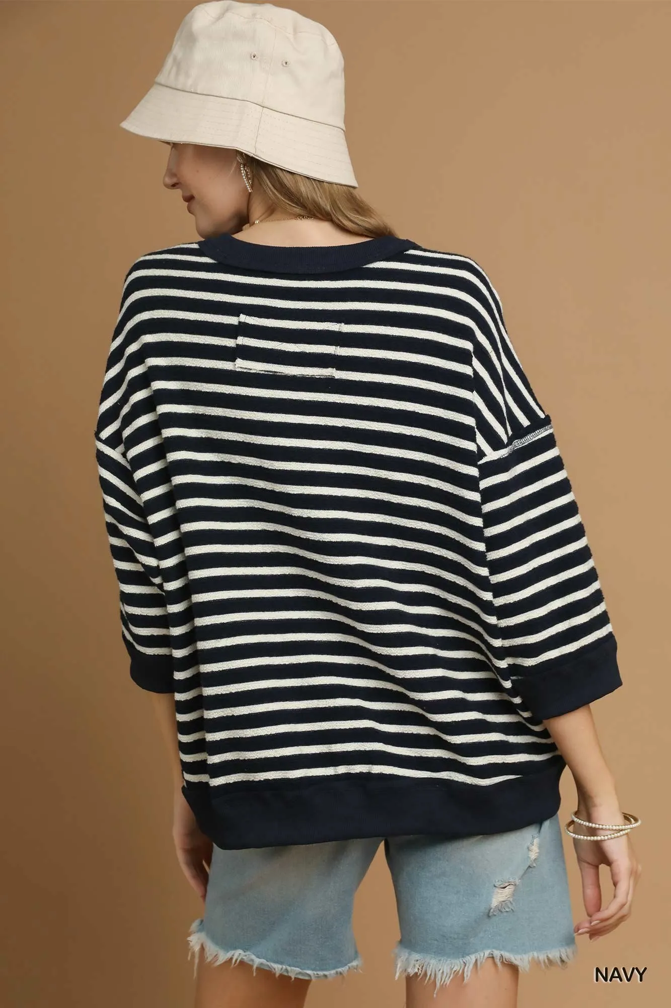 Umgee Ribbed Hem Striped Oversized Knit Top - Image 4