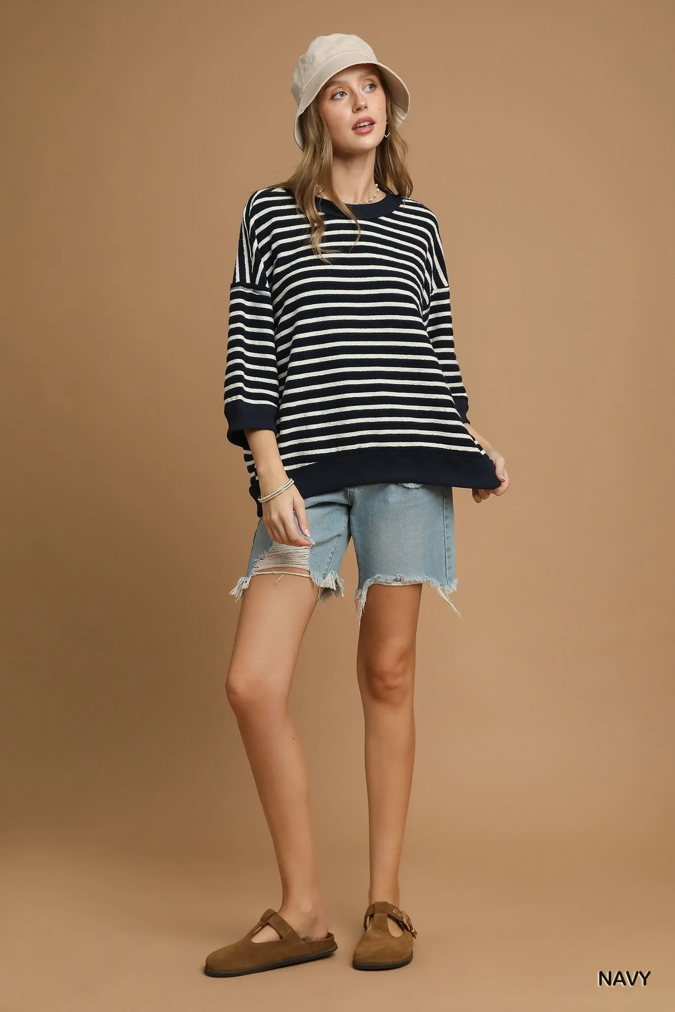 Umgee Ribbed Hem Striped Oversized Knit Top - Image 5
