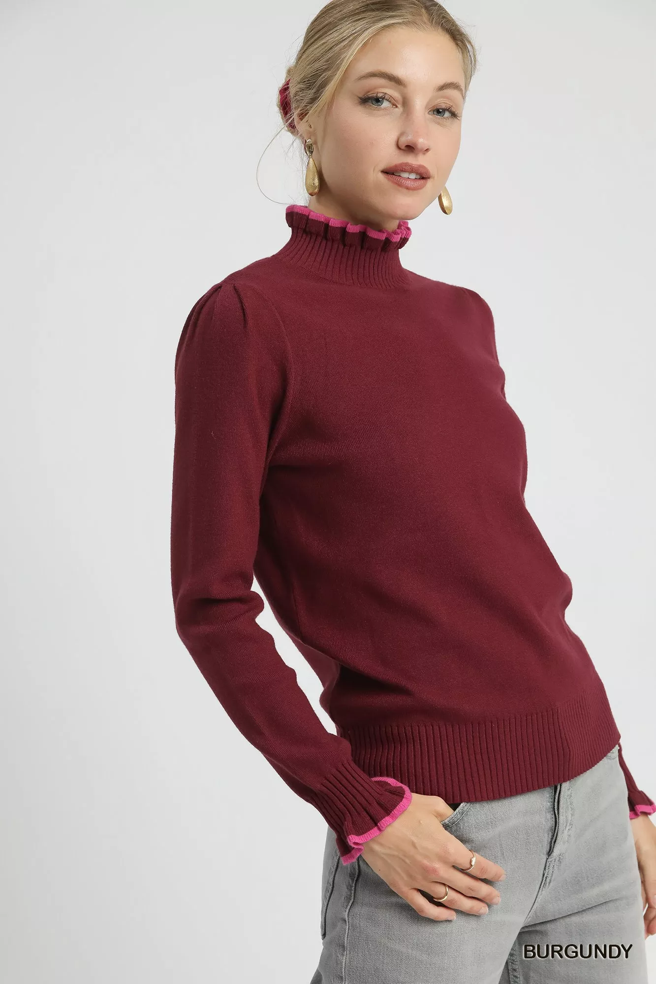 Umgee Ribbed Round Neck Sweater with Ruffle Contrast Trim - Image 2