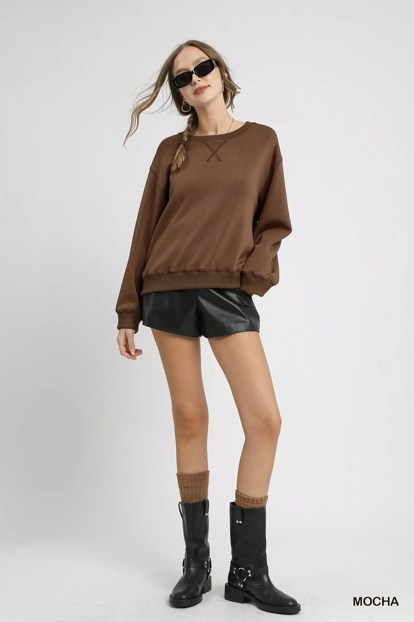 Umgee Round Neck Long Sleeve Fleece Sweatshirt - Image 3