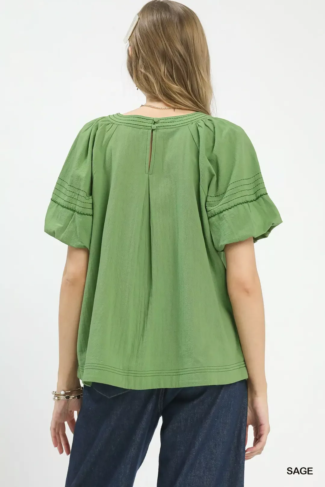 Umgee Round Neck Puff Sleeve Top with Contrast Stitch Detail - Image 3