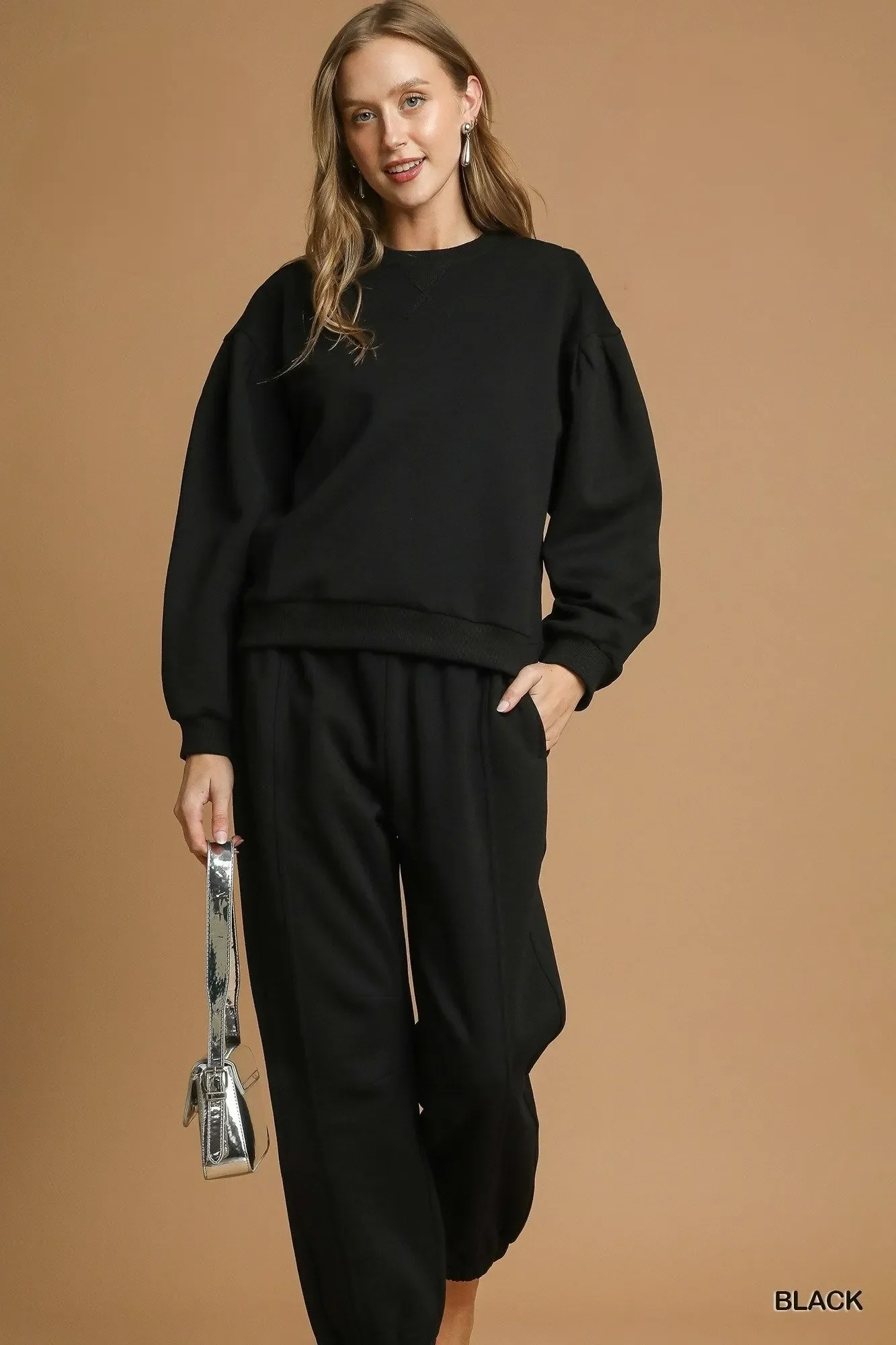 Umgee Round Neck Sweatshirt with Pleated Detail - Image 4