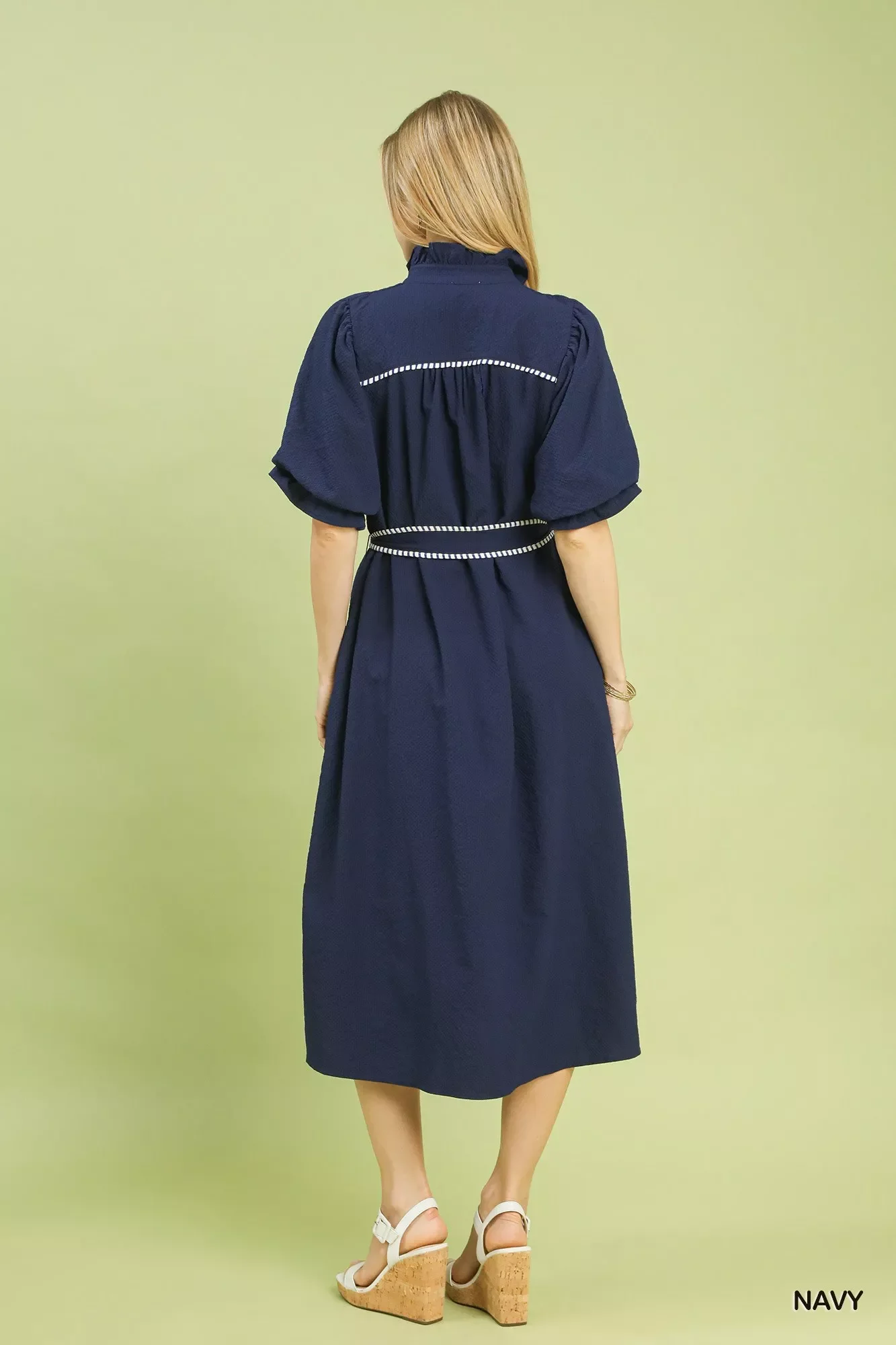 Umgee Ruffle Collar Midi Dress with Stripe Trim - Image 2