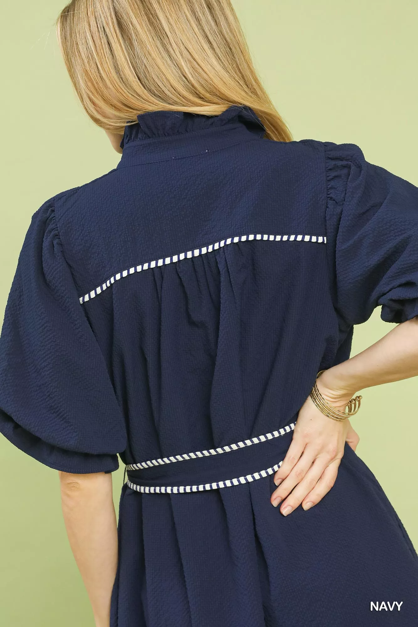 Umgee Ruffle Collar Midi Dress with Stripe Trim - Image 3