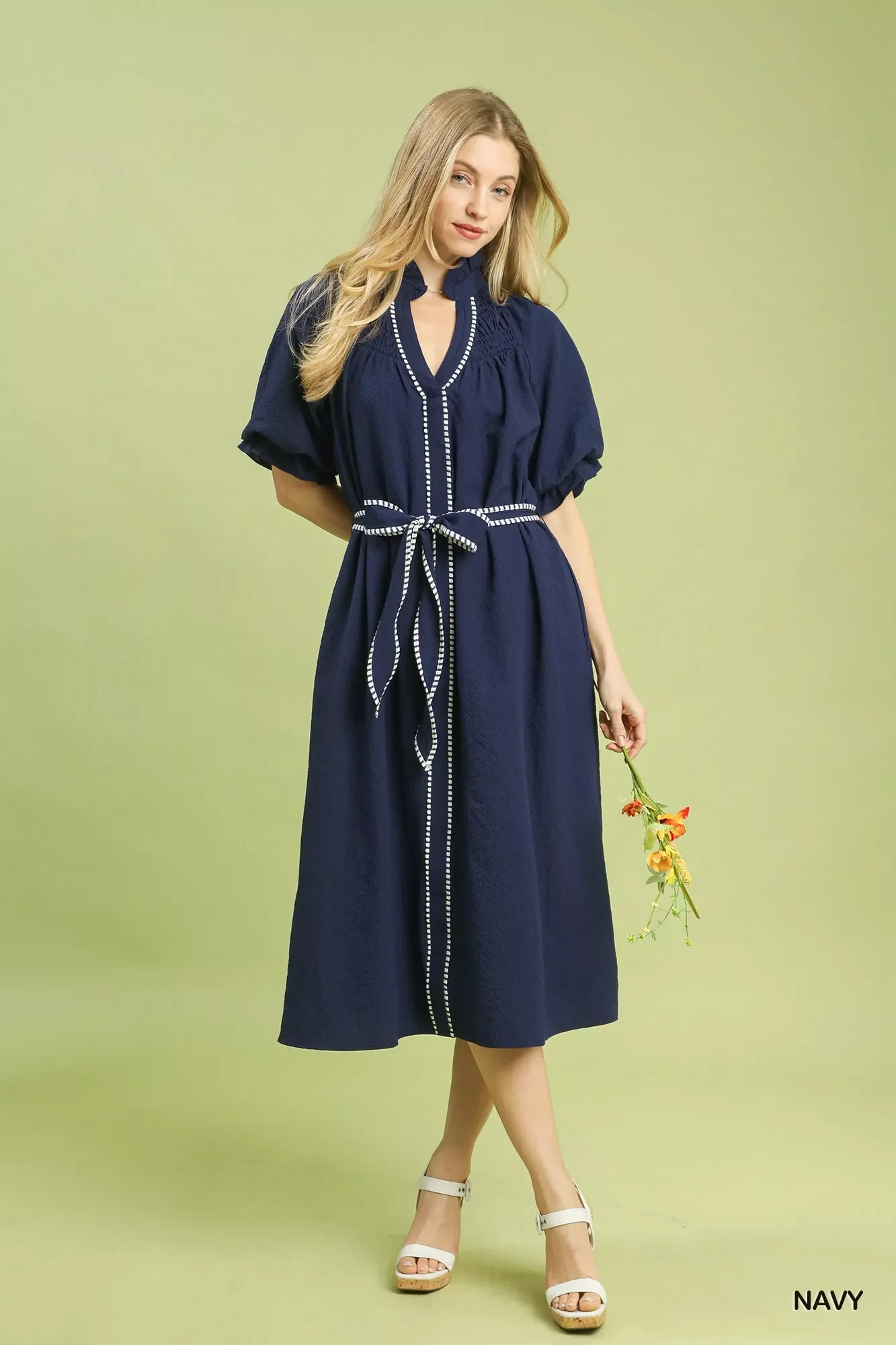 Umgee Ruffle Collar Midi Dress with Stripe Trim - Image 5
