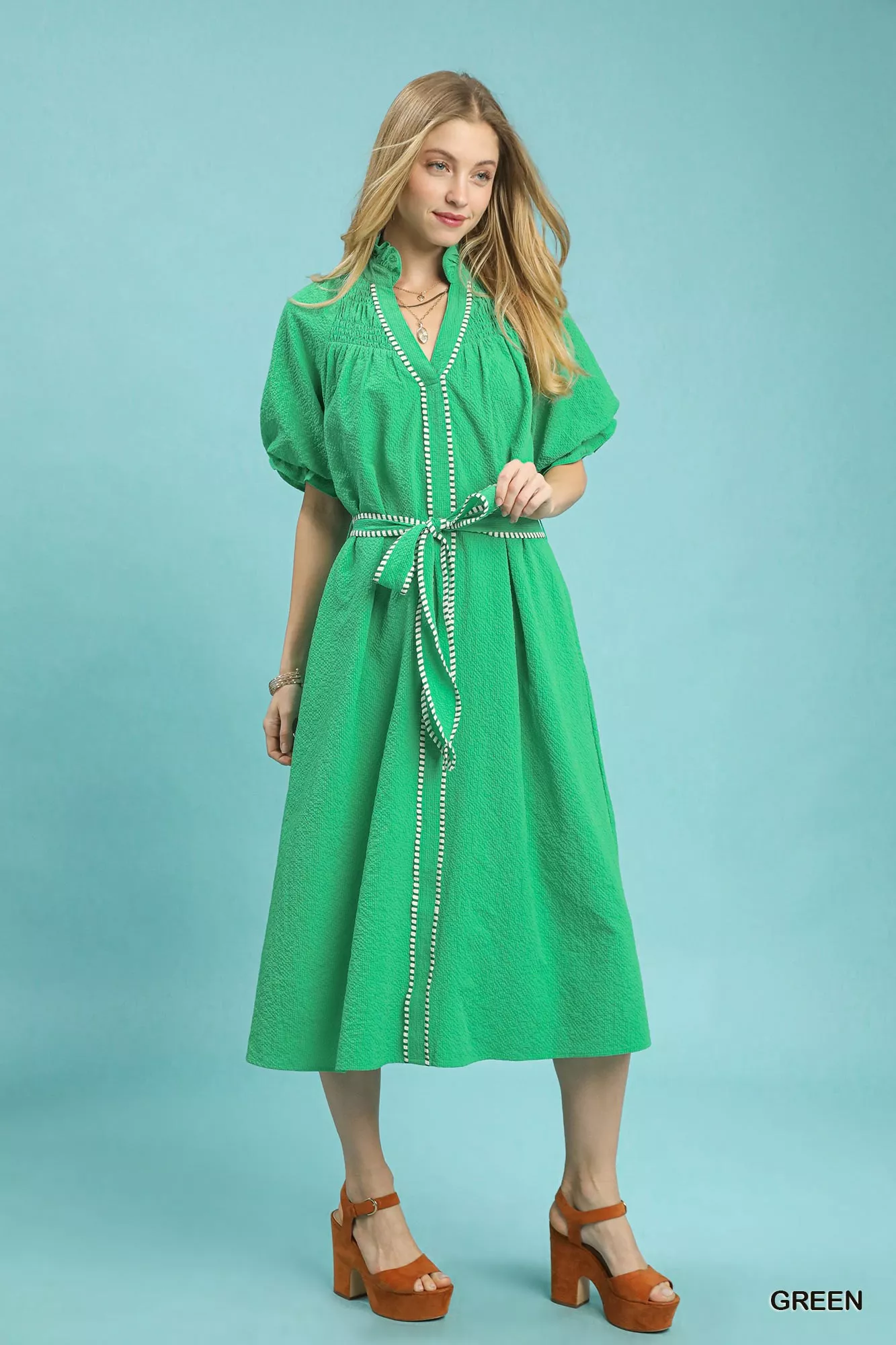 Umgee Ruffle Collar Midi Dress with Stripe Trim - Image 2