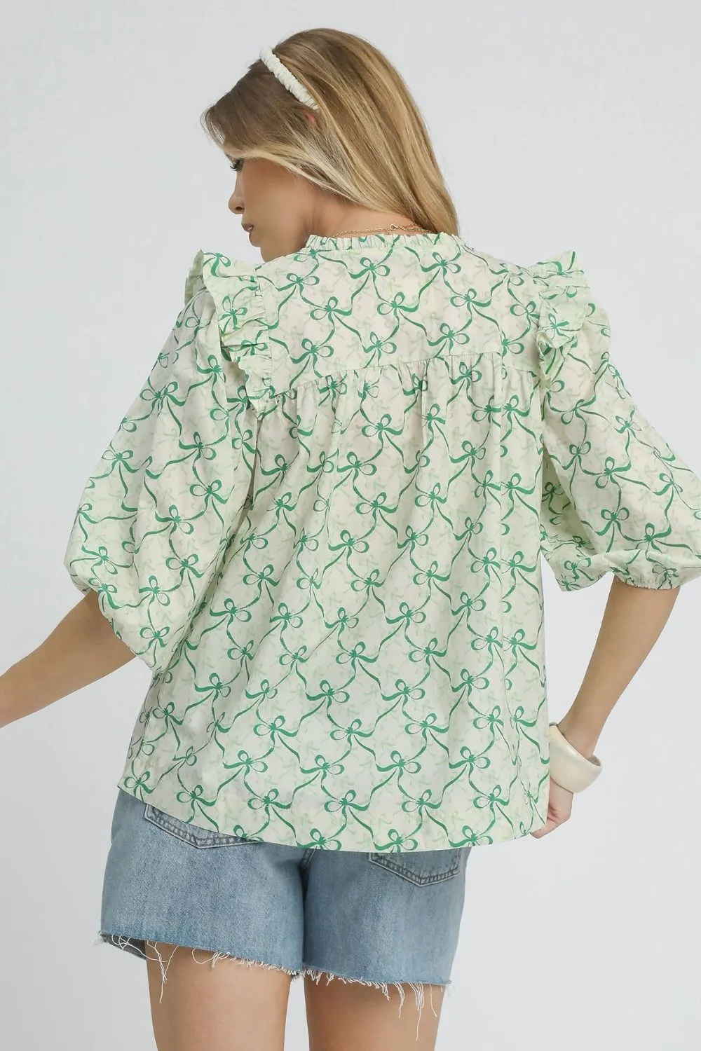 Umgee Ruffled Bow Print Notched Blouse - Image 3