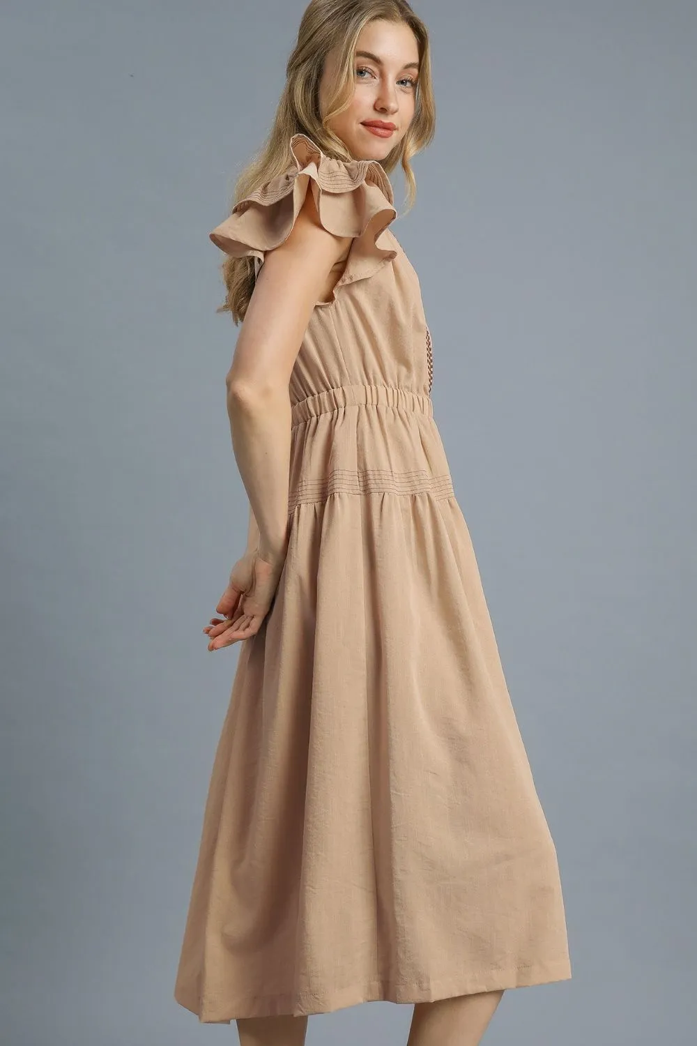 Umgee Ruffled Cap Sleeve Midi Dress with Contrast Trim Detail - Image 2