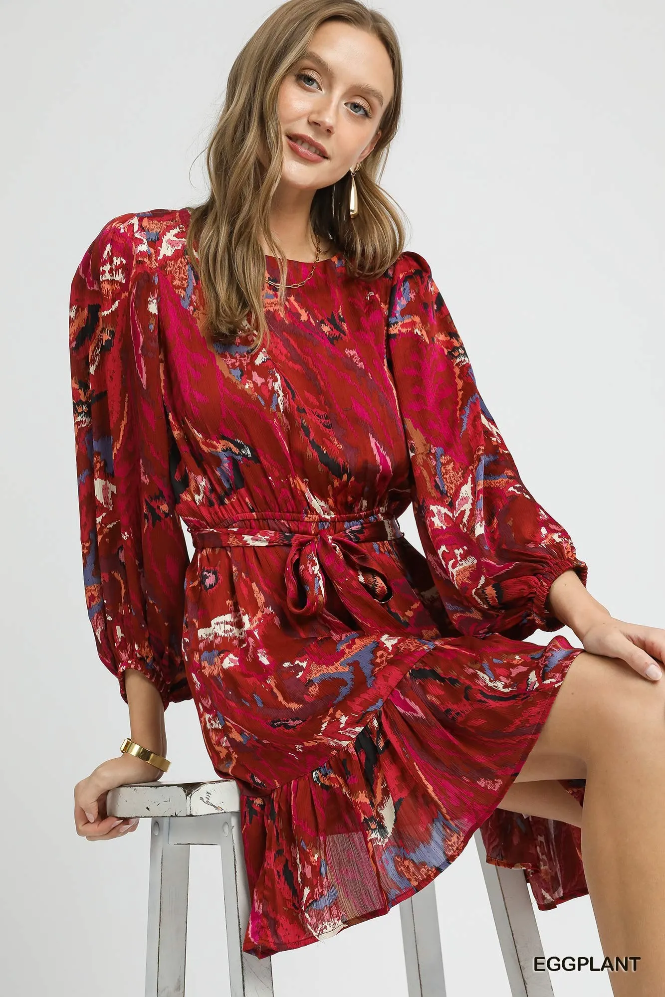 Umgee Ruffled Hem Printed Balloon Sleeve Dress - Image 2