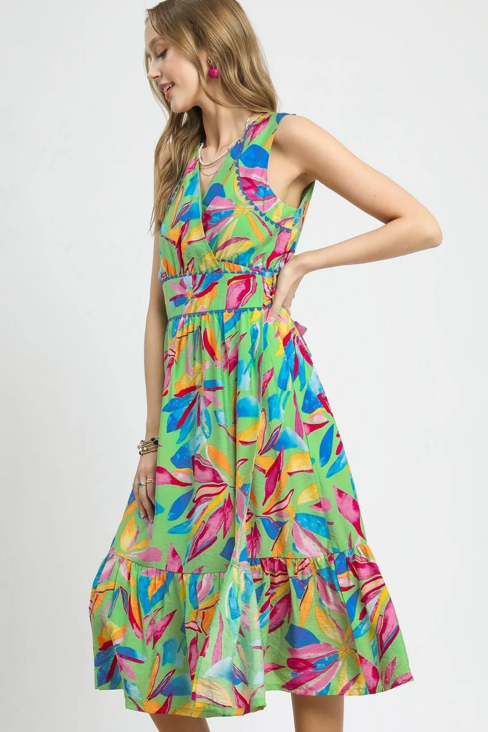 Umgee Ruffled Hem Printed Sleeveless Midi Dress - Image 3
