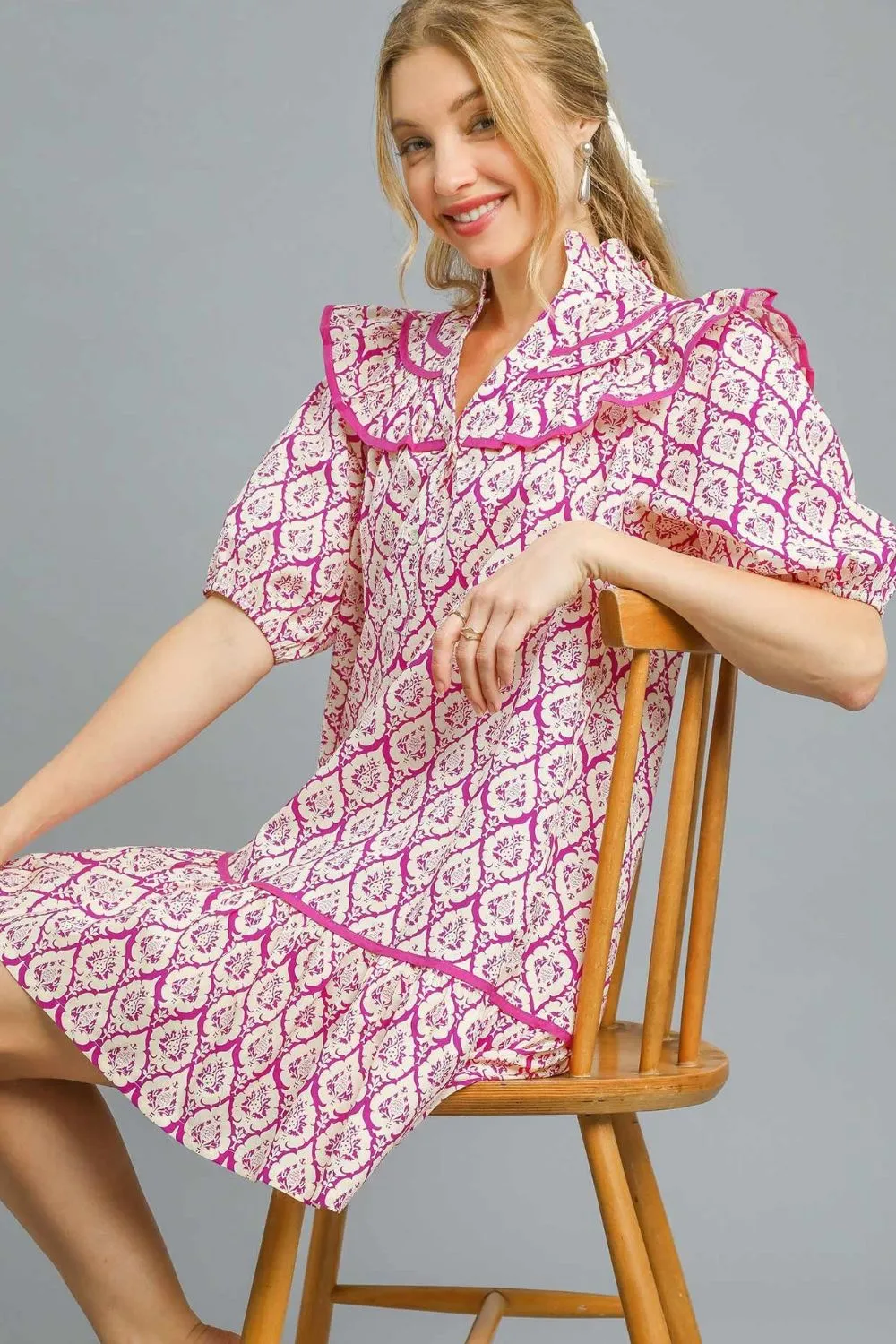 Umgee Ruffled Printed Puff Sleeve Mini Dress - Image 2
