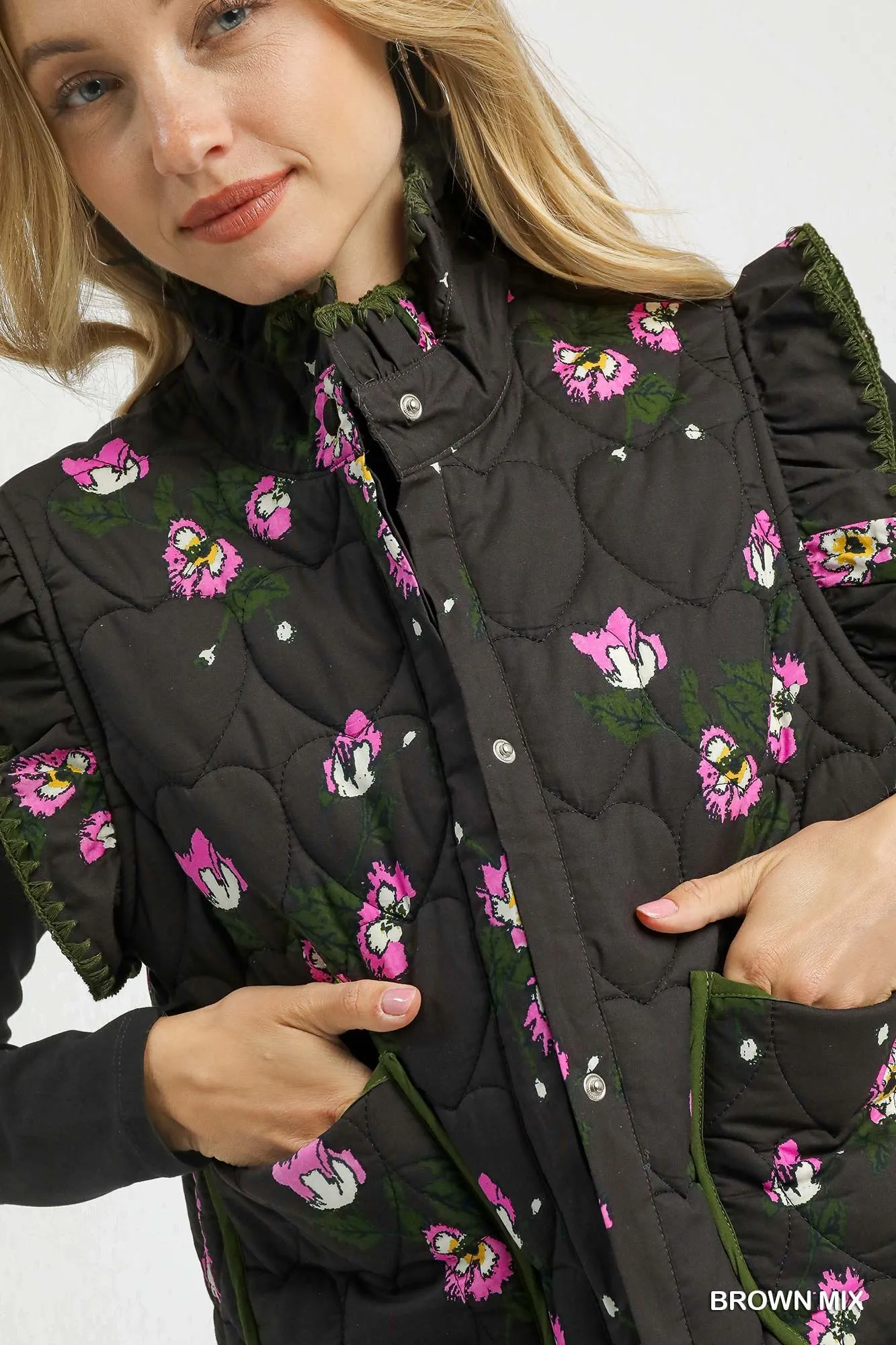 Umgee Ruffled Quilted Floral Snap Down Vest - Image 5
