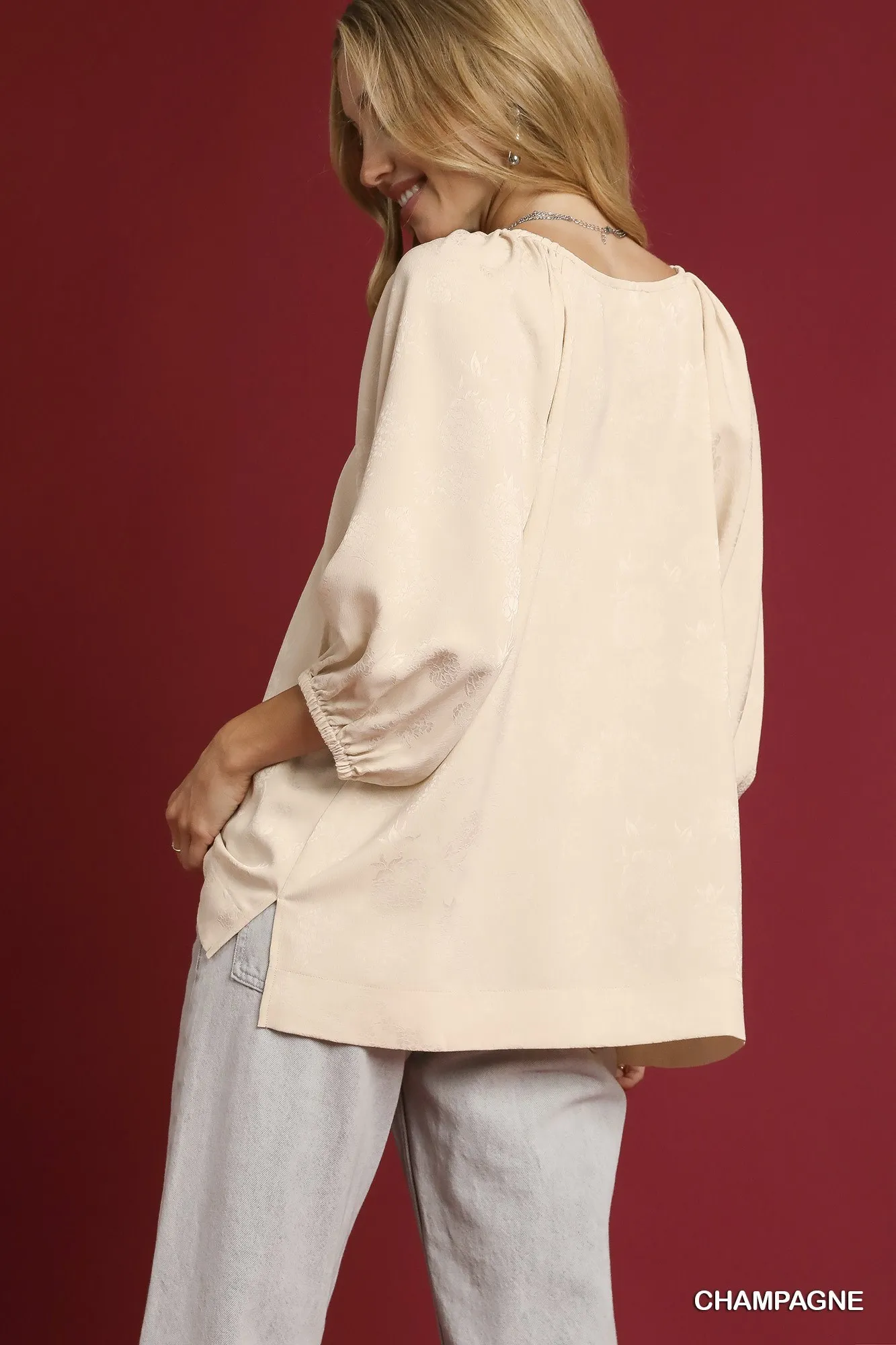 Umgee Satin Jacquard Balloon Sleeve Blouse - Image 4