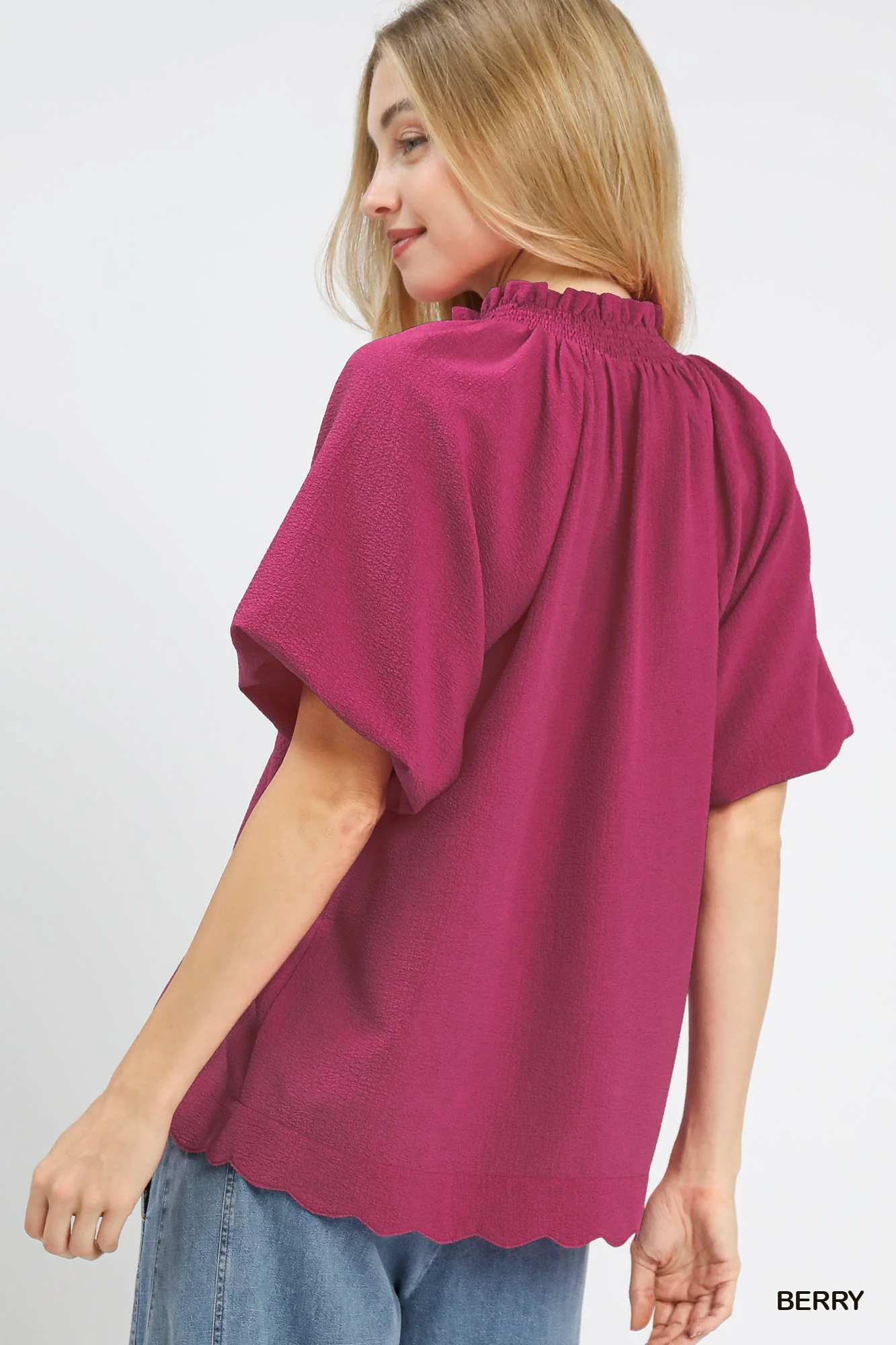 Umgee Scalloped Hem Textured Blouse - Image 2